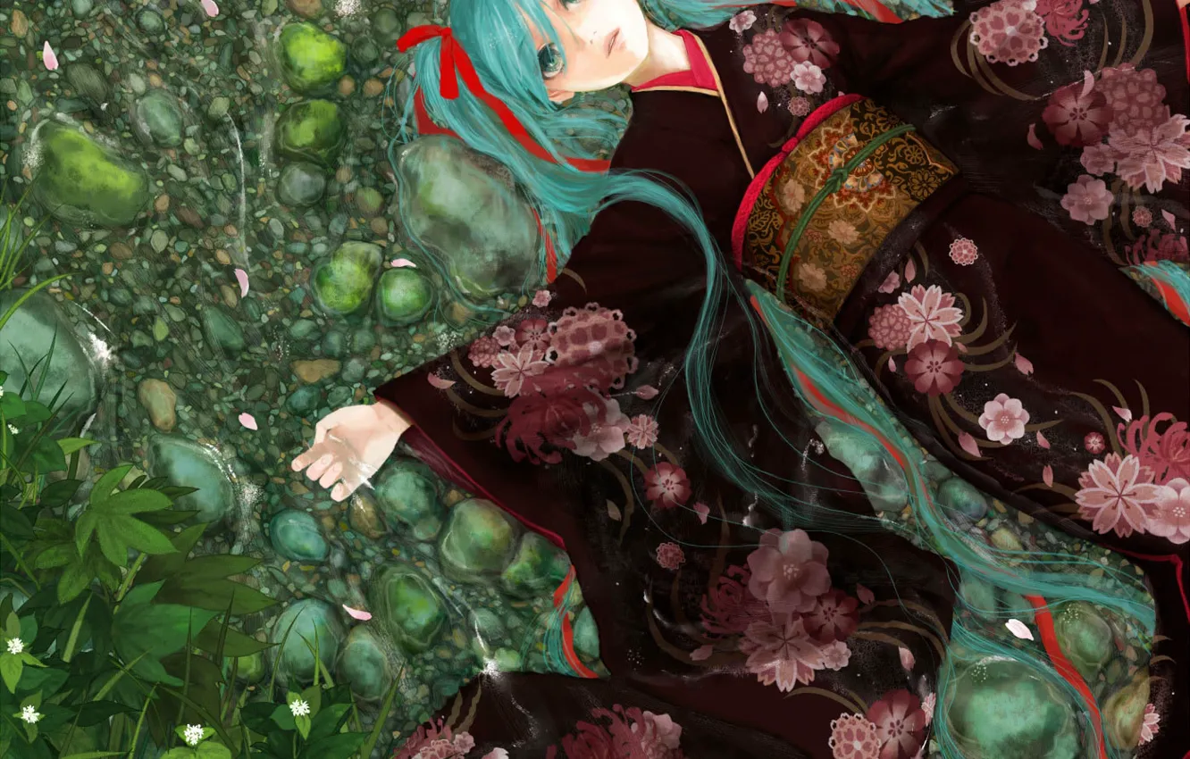 Photo wallpaper greens, girl, stream, Vocaloid