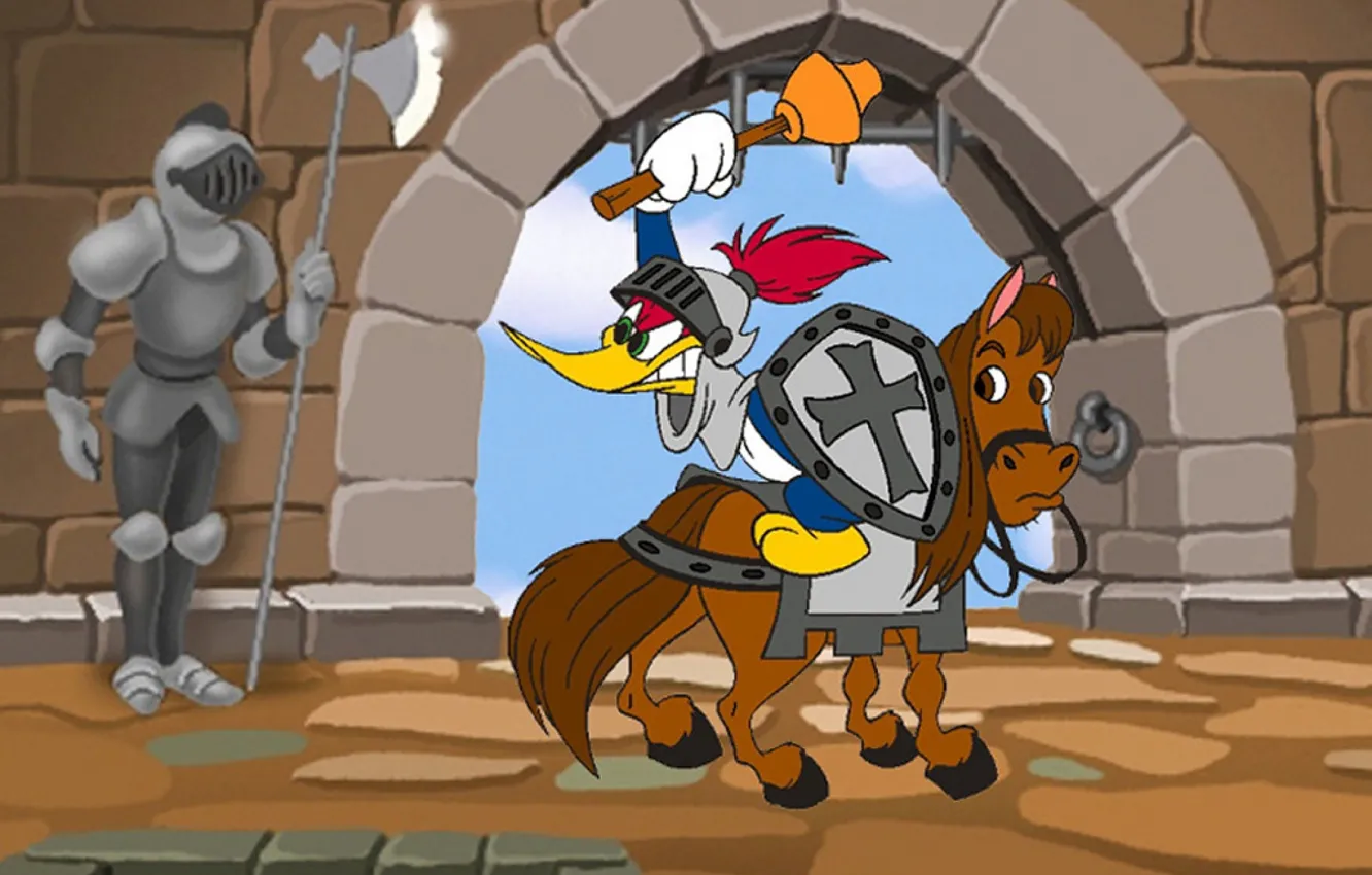 Photo wallpaper horse, woodpecker, shield, knight, Woody, Woody Woodpecker