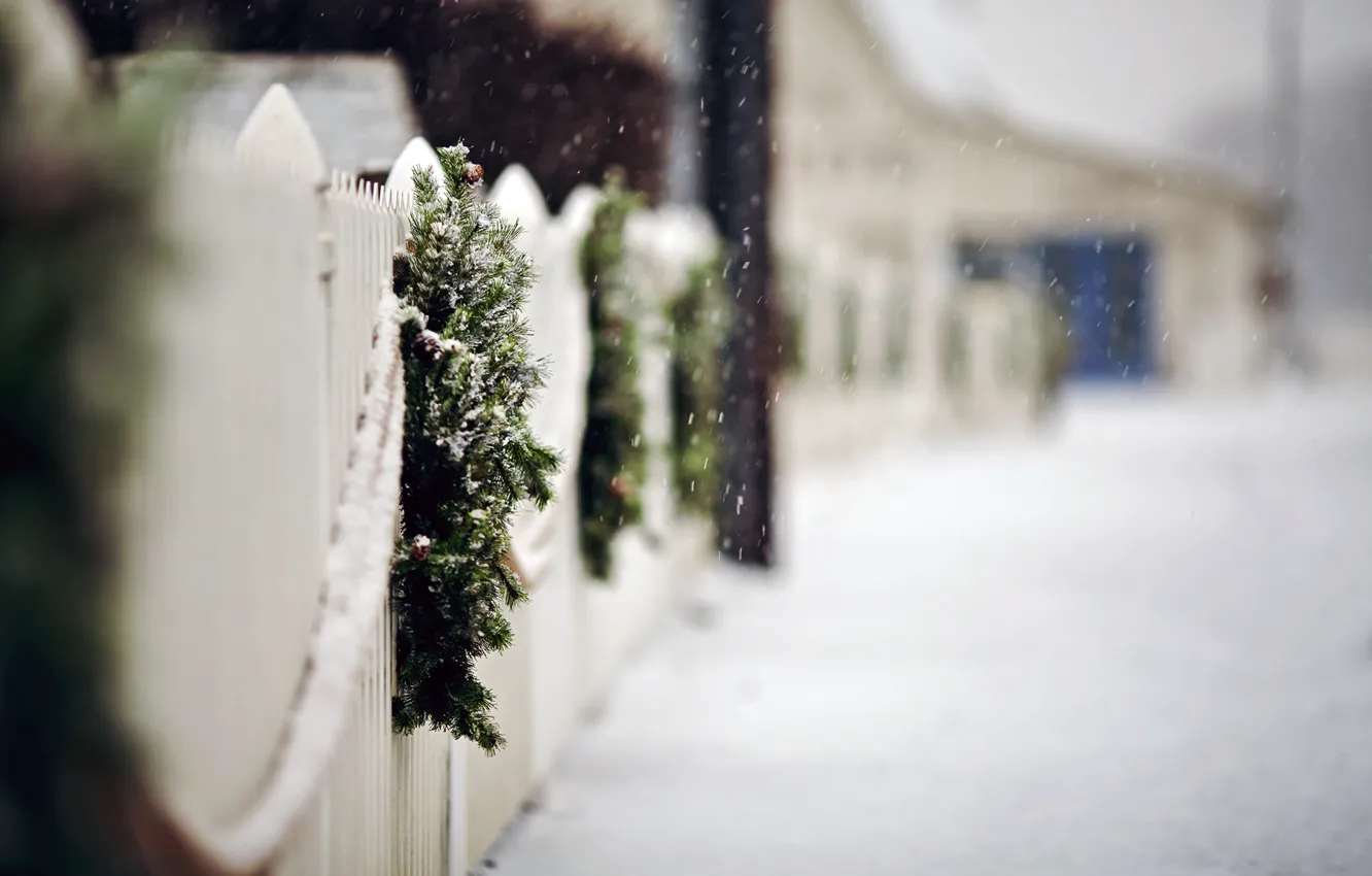 Photo wallpaper winter, road, snow, snowflakes, branches, the fence, spruce, fence