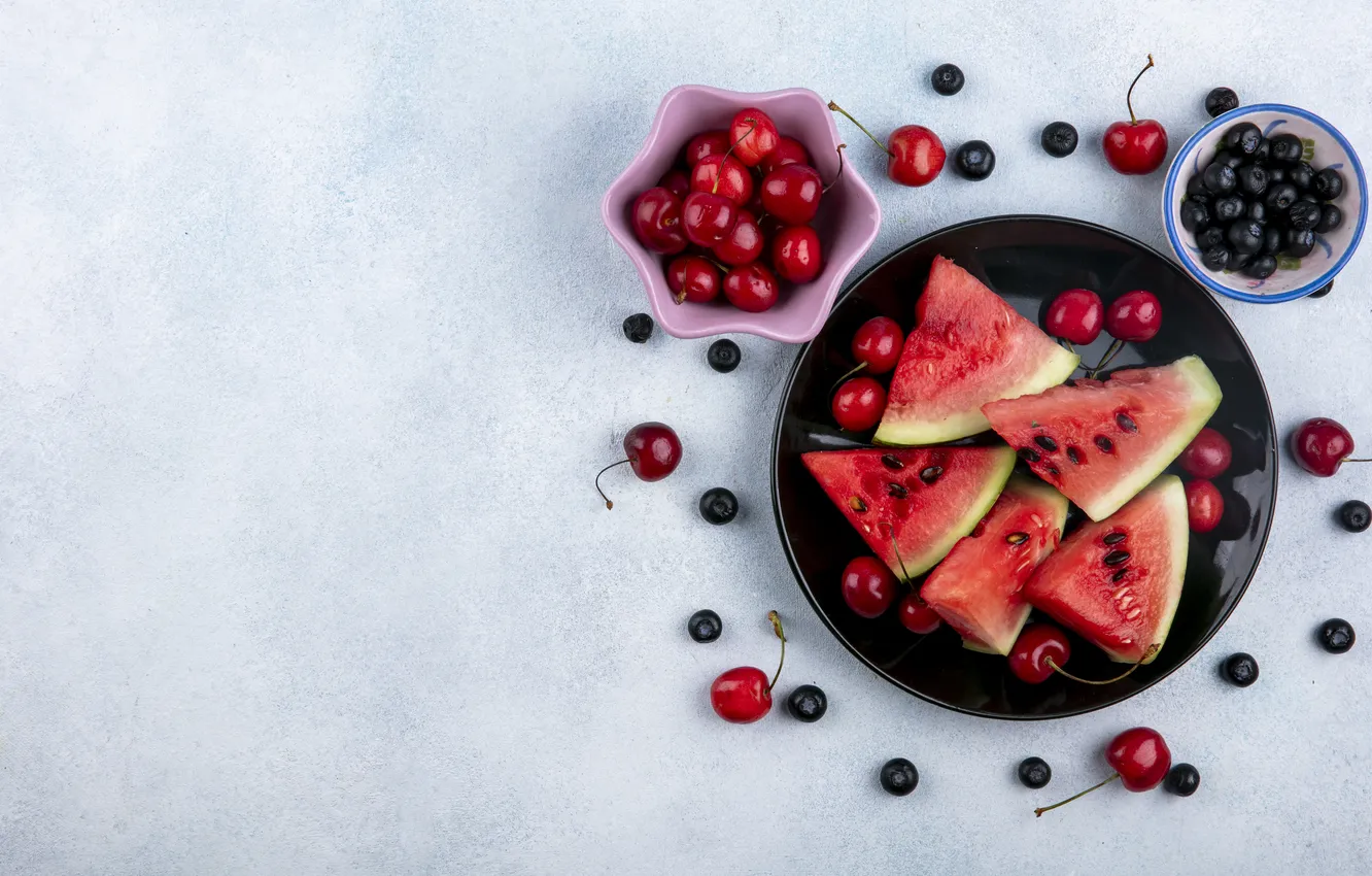 Photo wallpaper cherry, berries, towel, watermelon, blueberries, plate, bowl, light background