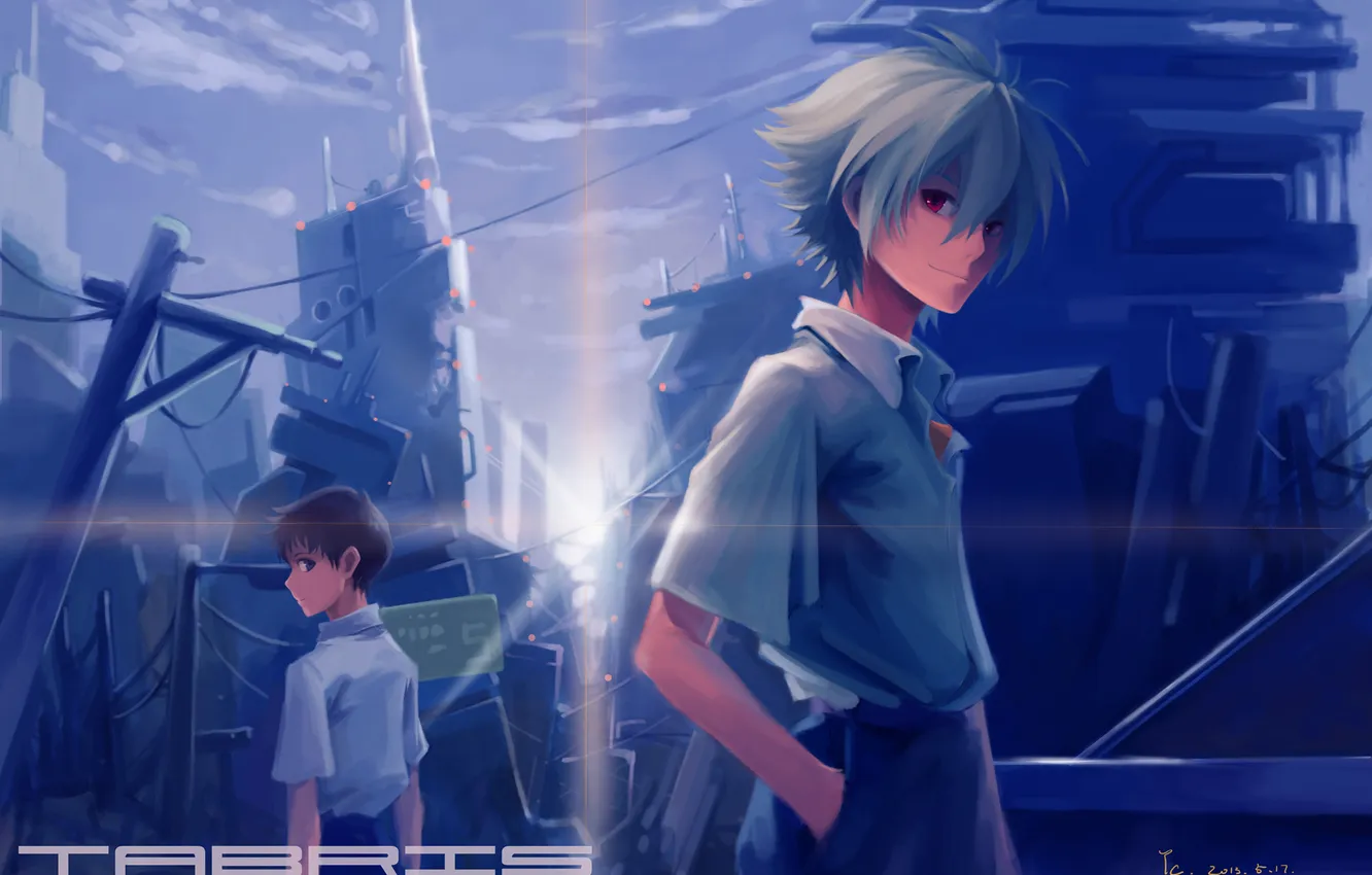 Photo wallpaper look, night, the city, smile, guys, neon genesis evangelion, it became shinji, art