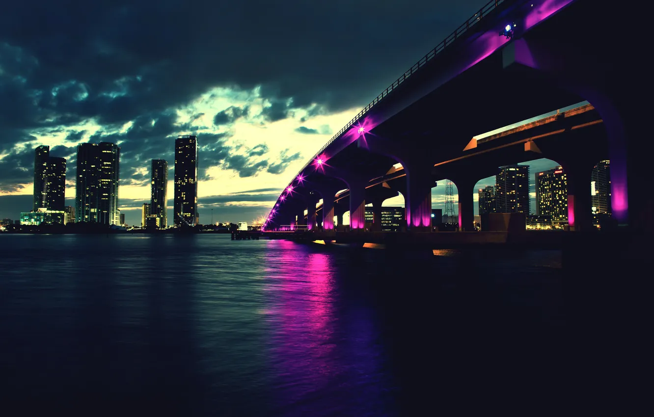 Photo wallpaper night, bridge, the city, FL, Miami, Florida, Miami