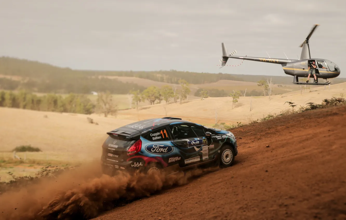 Photo wallpaper machine, auto, sport, speed, Ford, focus, dust, helicopter