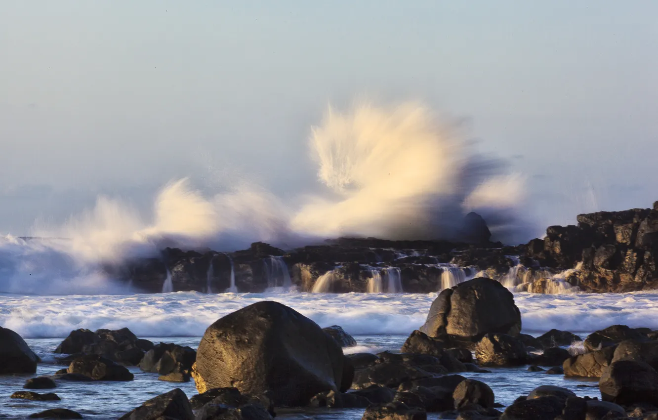 Photo wallpaper sea, wave, squirt, stones