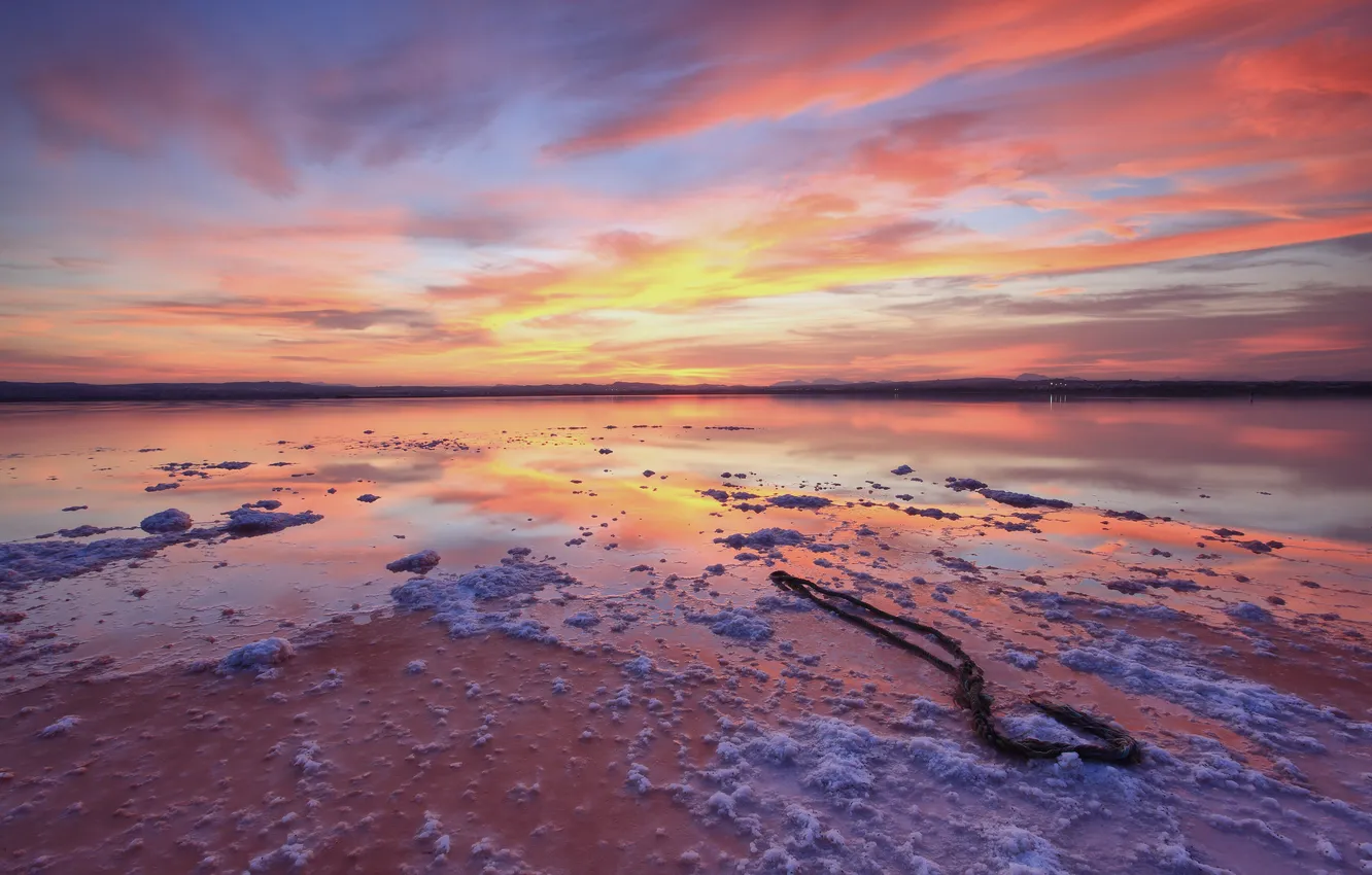 Photo wallpaper beach, sunset, lake, twilight