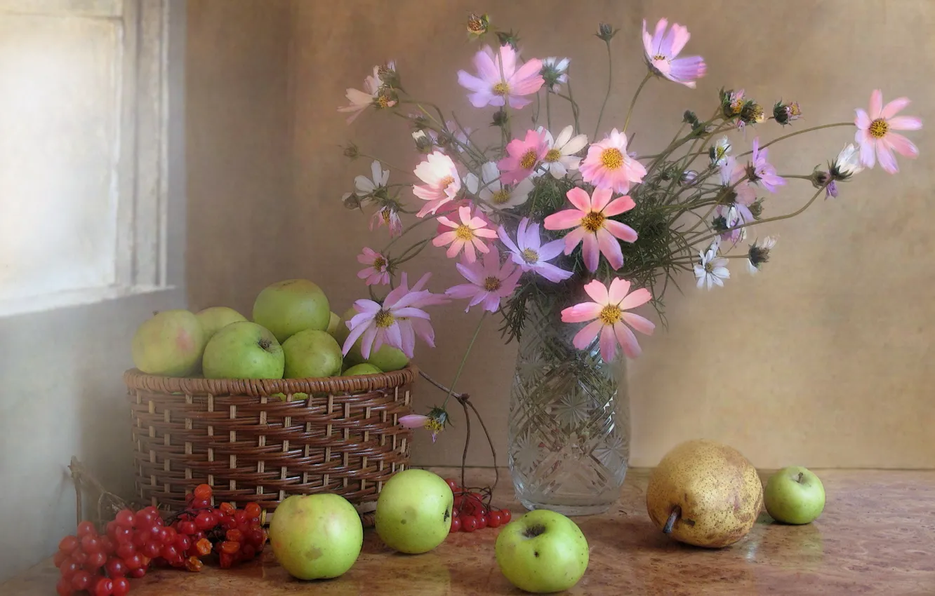 Photo wallpaper autumn, flowers, berries, apples, bouquet, fruit, still life, composition
