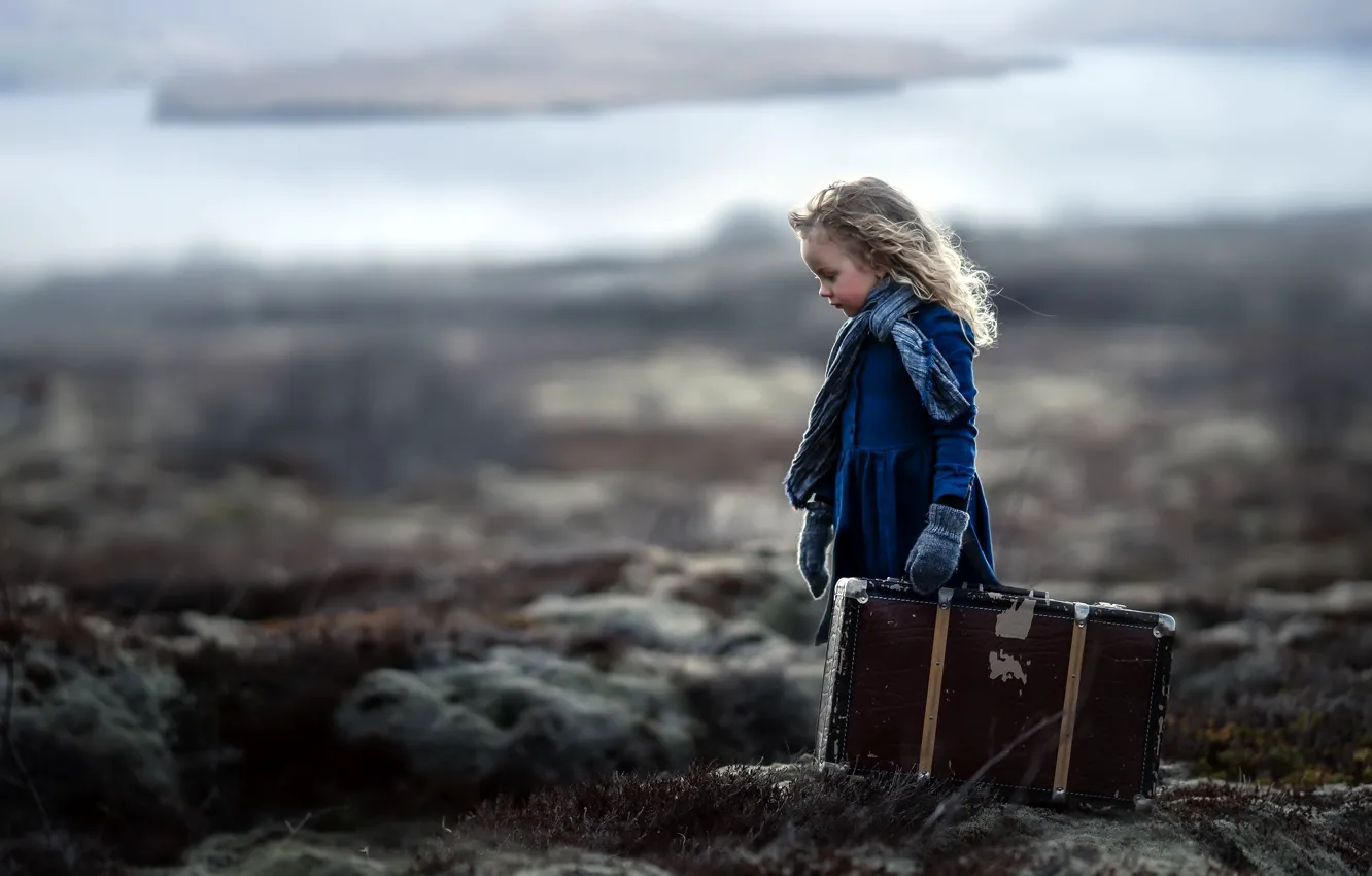 Photo wallpaper background, girl, suitcase