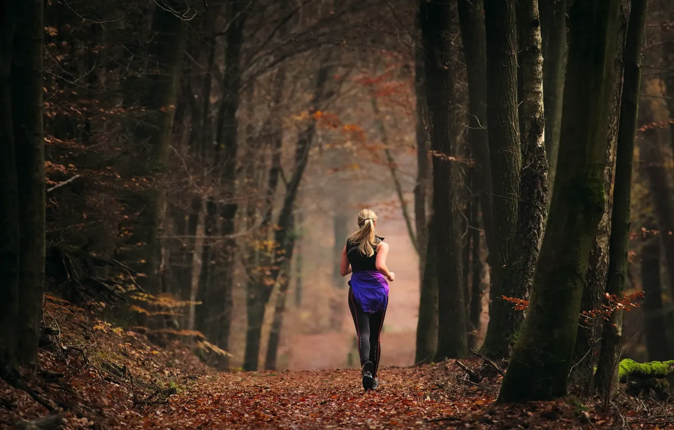 Photo wallpaper autumn, girl, sport, running