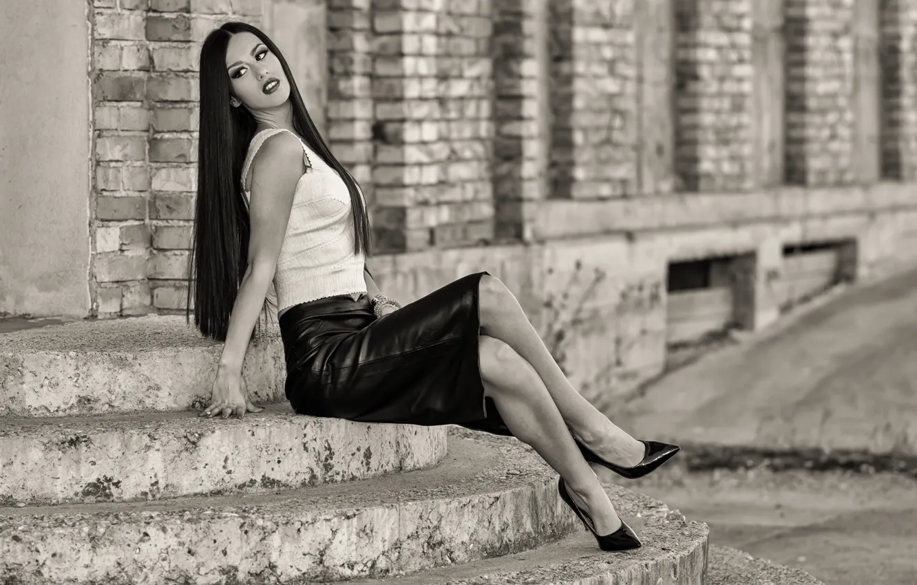 Photo wallpaper girl, face, style, skirt, steps, legs