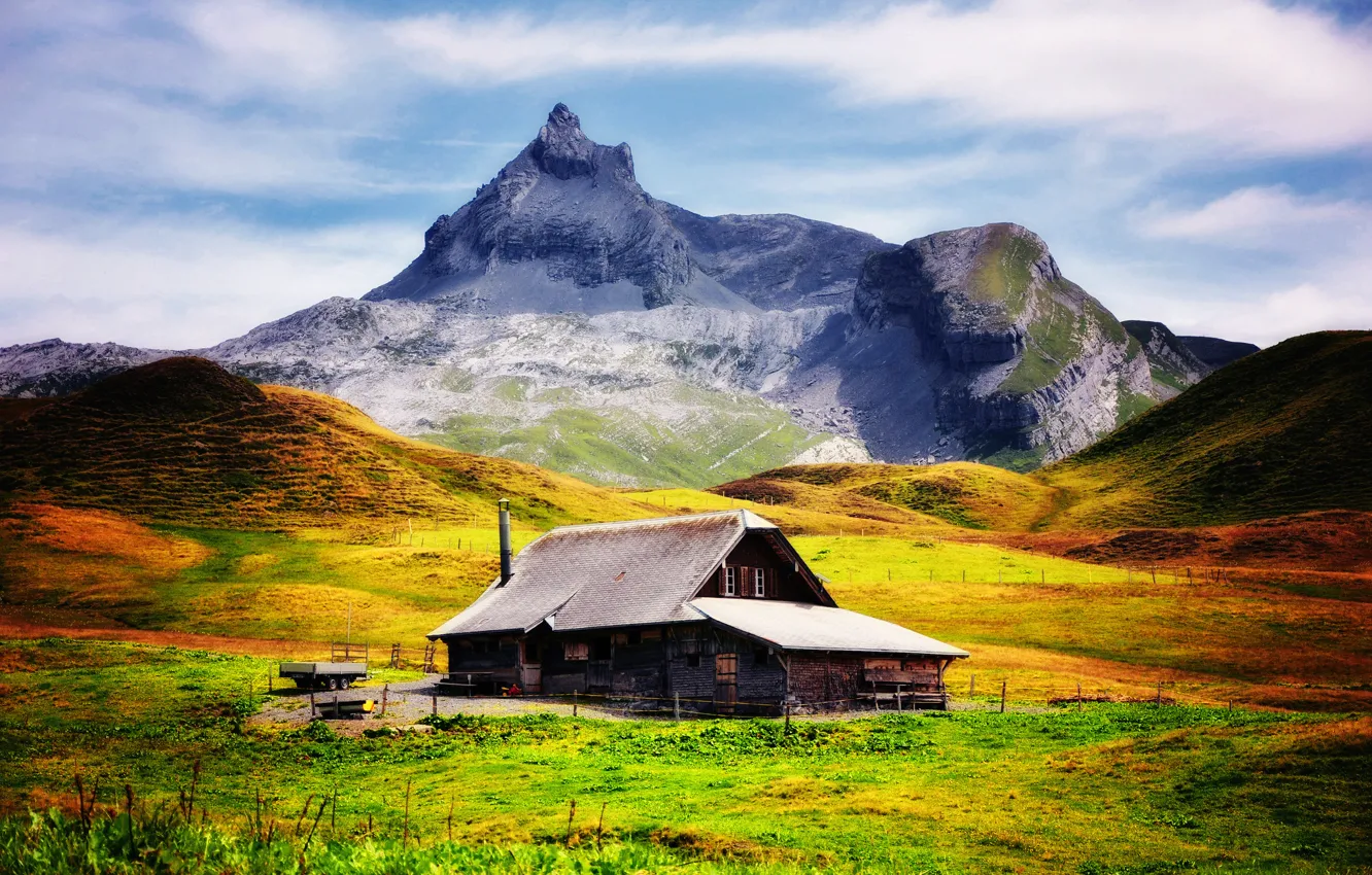 Photo wallpaper field, landscape, mountains, house
