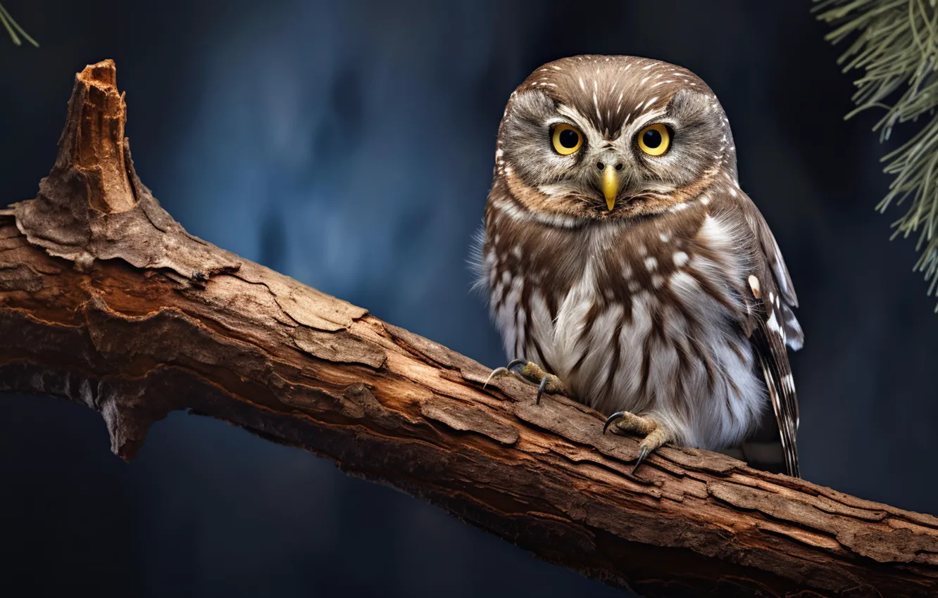 Photo wallpaper look, branches, owl, bird, owl, AI art, neural network
