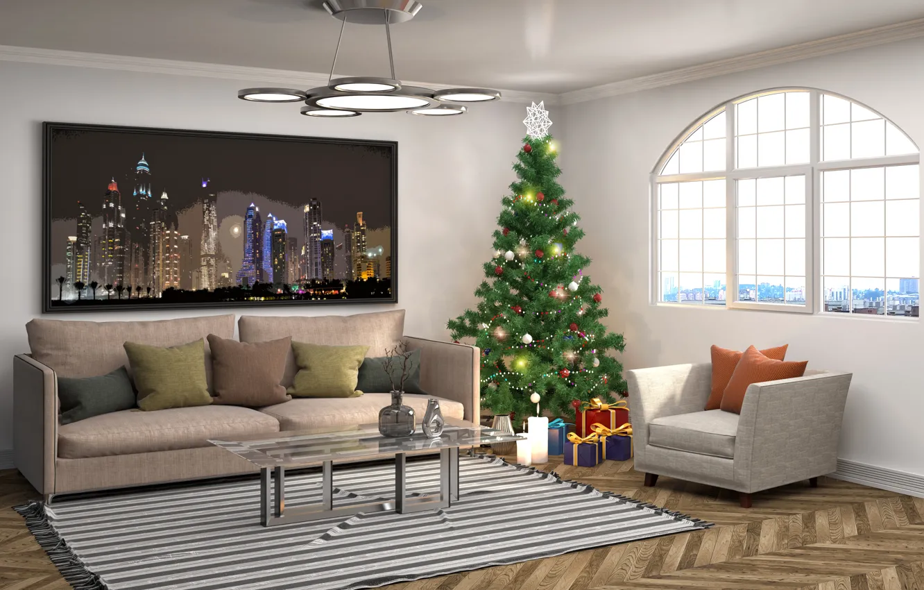 Photo wallpaper design, sofa, interior, pillow, New Year, chandelier, tree