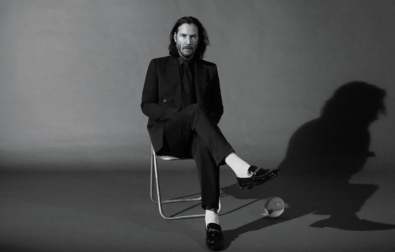Photo wallpaper look, photo, shadow, costume, black and white, male, Keanu Reeves