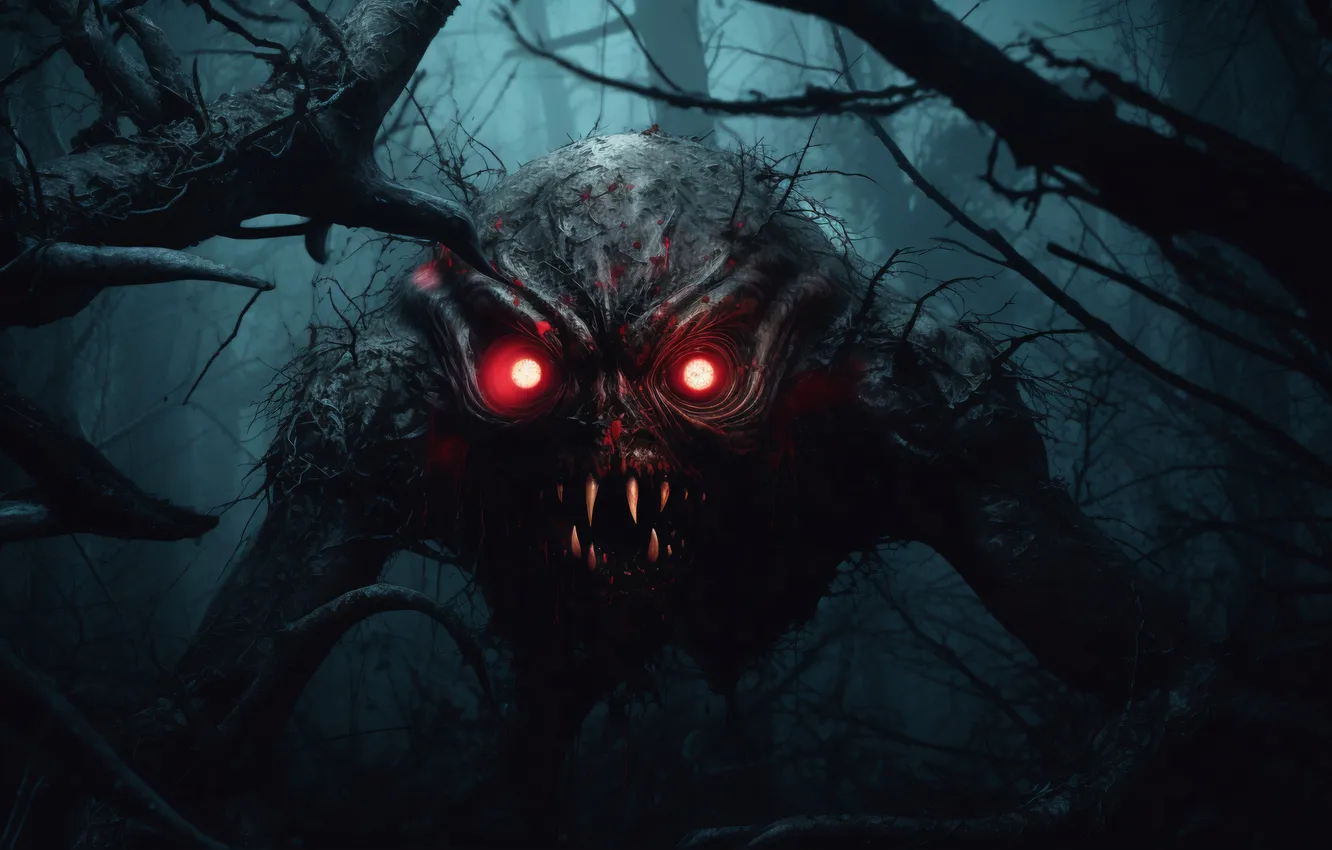 Photo wallpaper look, trees, night, monster, teeth, digital art, Supernatural Beings, AI art