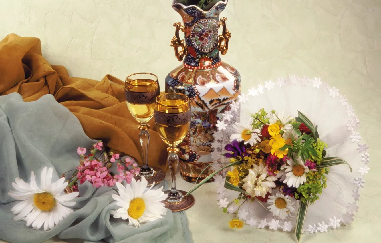 Photo wallpaper flowers, bouquet, glasses, still life, decanter