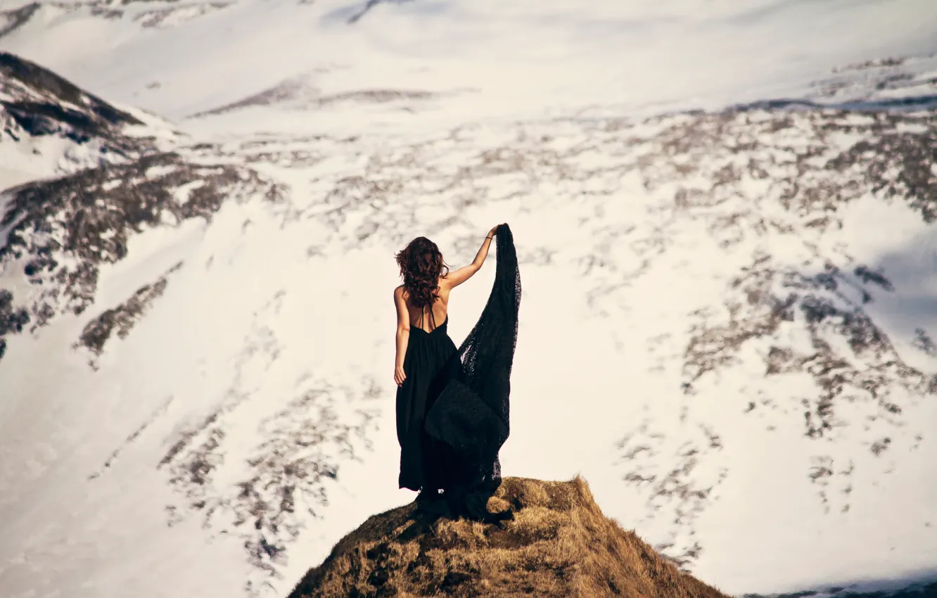 Photo wallpaper girl, snow, landscape, mountains, view