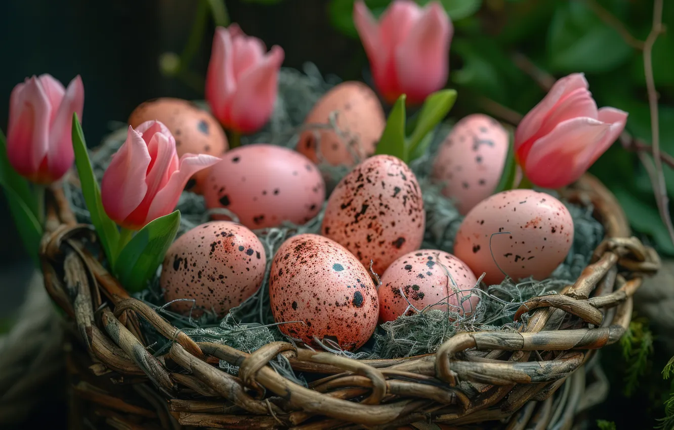 Photo wallpaper flowers, holiday, eggs, bouquet, Easter, tulips