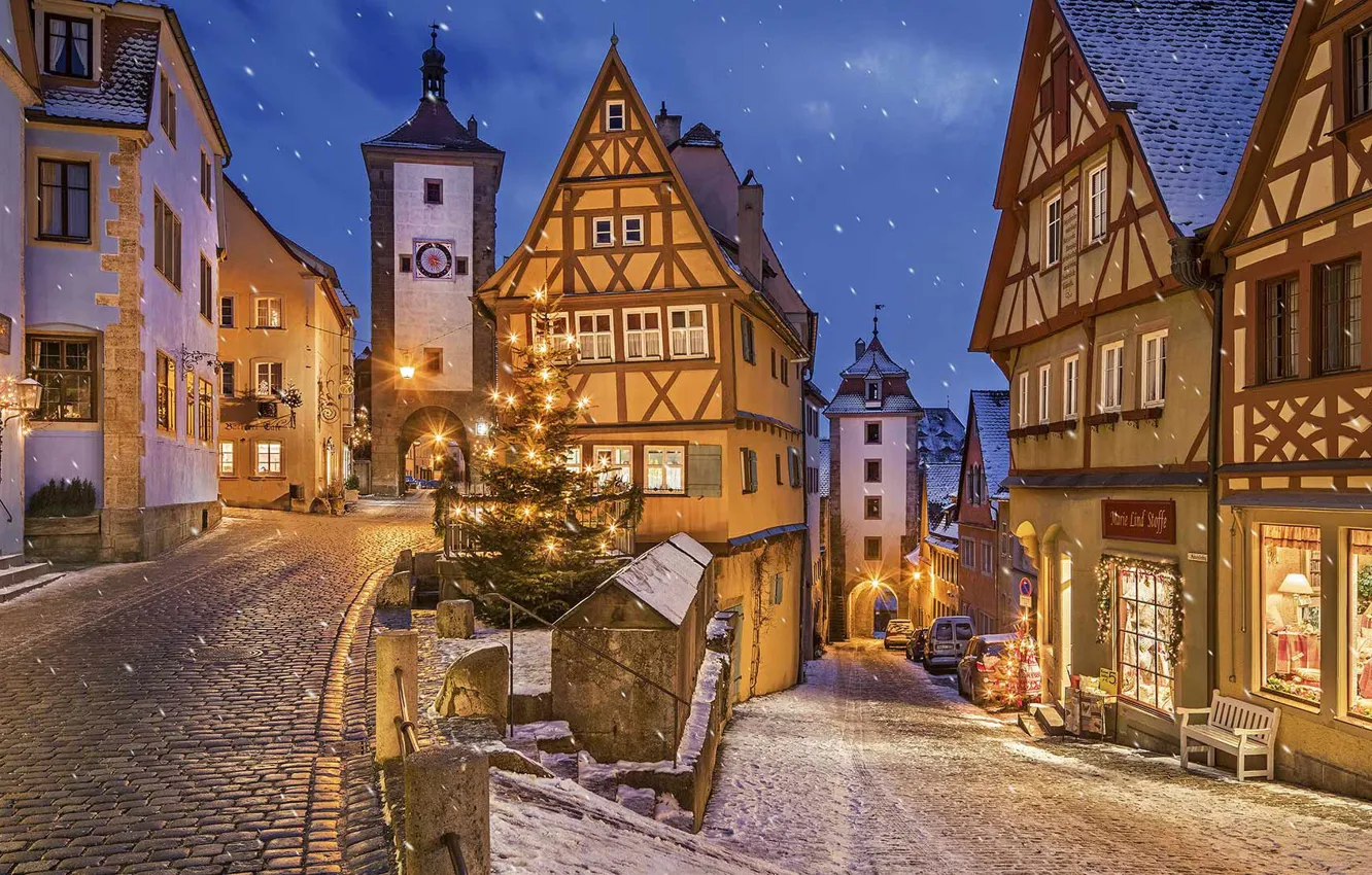 Photo wallpaper night, lights, home, Germany, Bayern, Christmas, Rothenburg Ob der Tauber, Rothenburg-Ob-der-Tauber