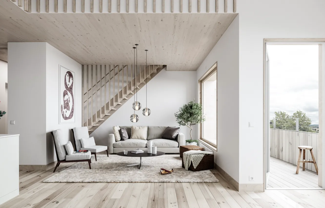 Photo wallpaper interior, ladder, balcony, living room, Scandinavian Mood