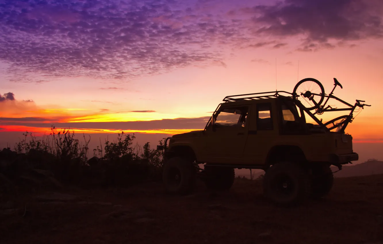 Photo wallpaper sunset, nature, bike, background, the evening, silhouette, jeep, SUV