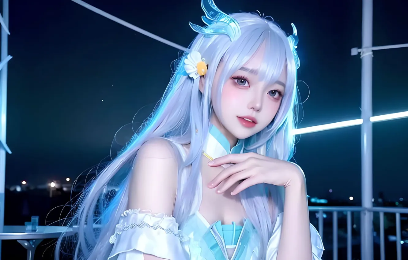 Photo wallpaper night, Asian, gesture, white hair, beautiful girl, night, cosplay, cosplay