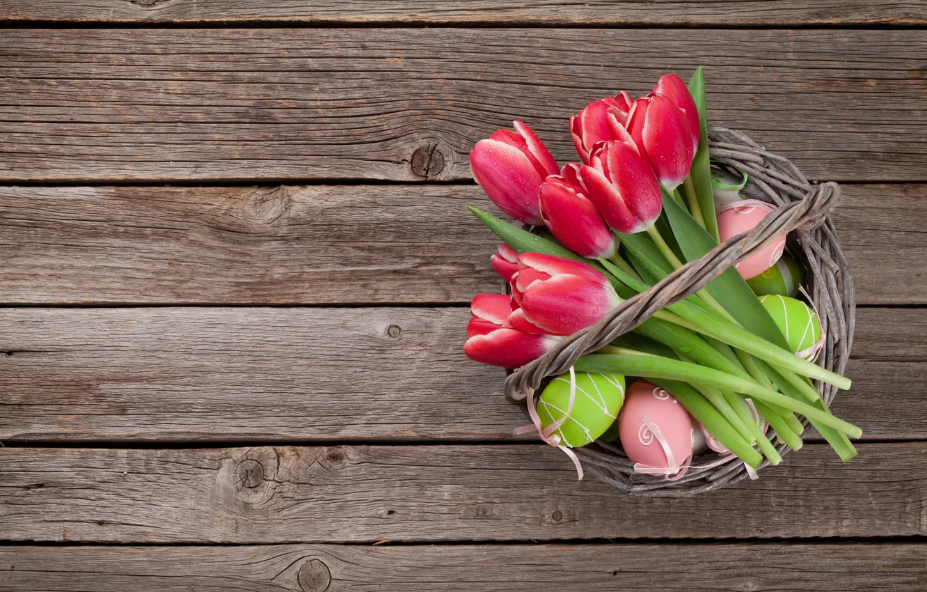 Photo wallpaper flowers, eggs, spring, colorful, Easter, tulips, red, happy