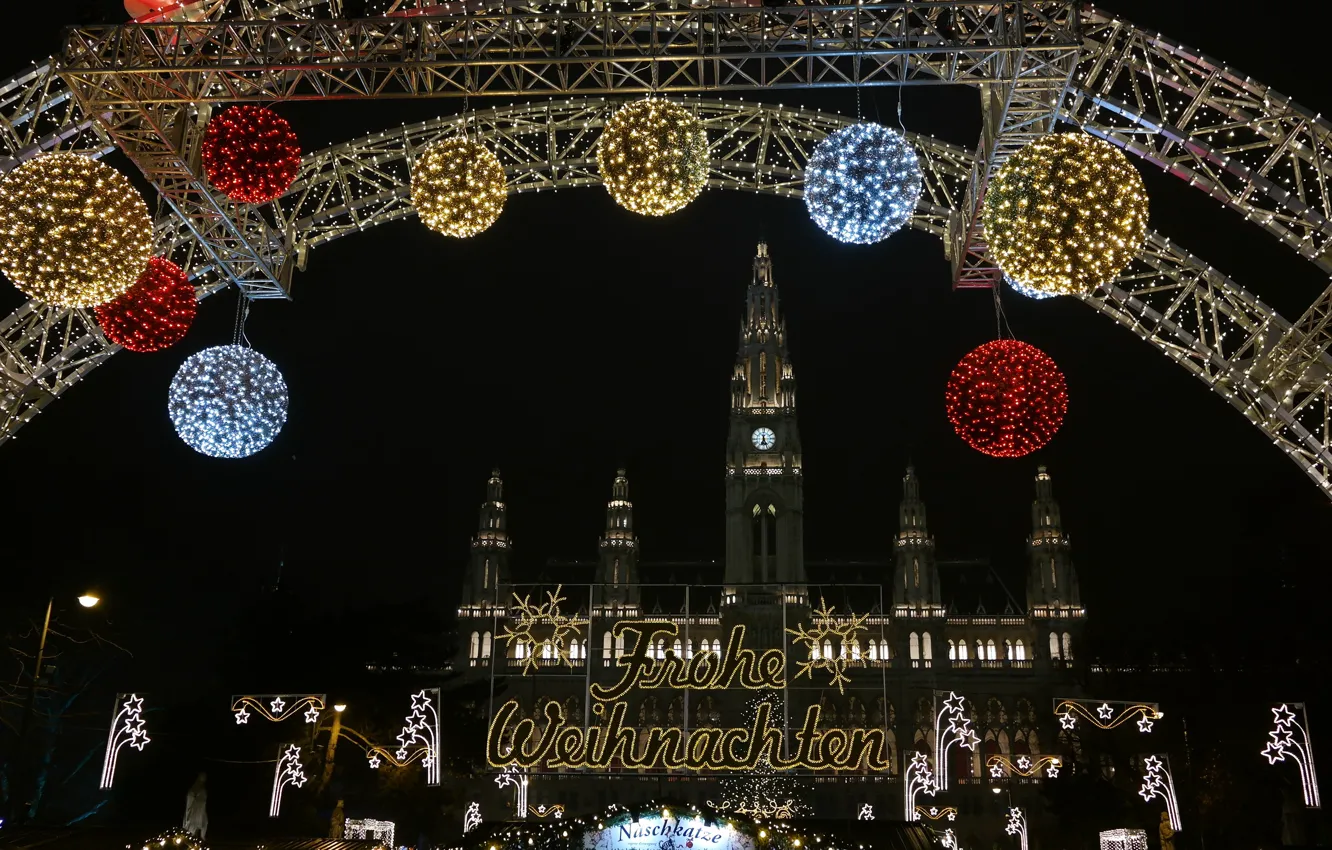 Photo wallpaper lights, Austria, Christmas, town hall, fair, Vienna
