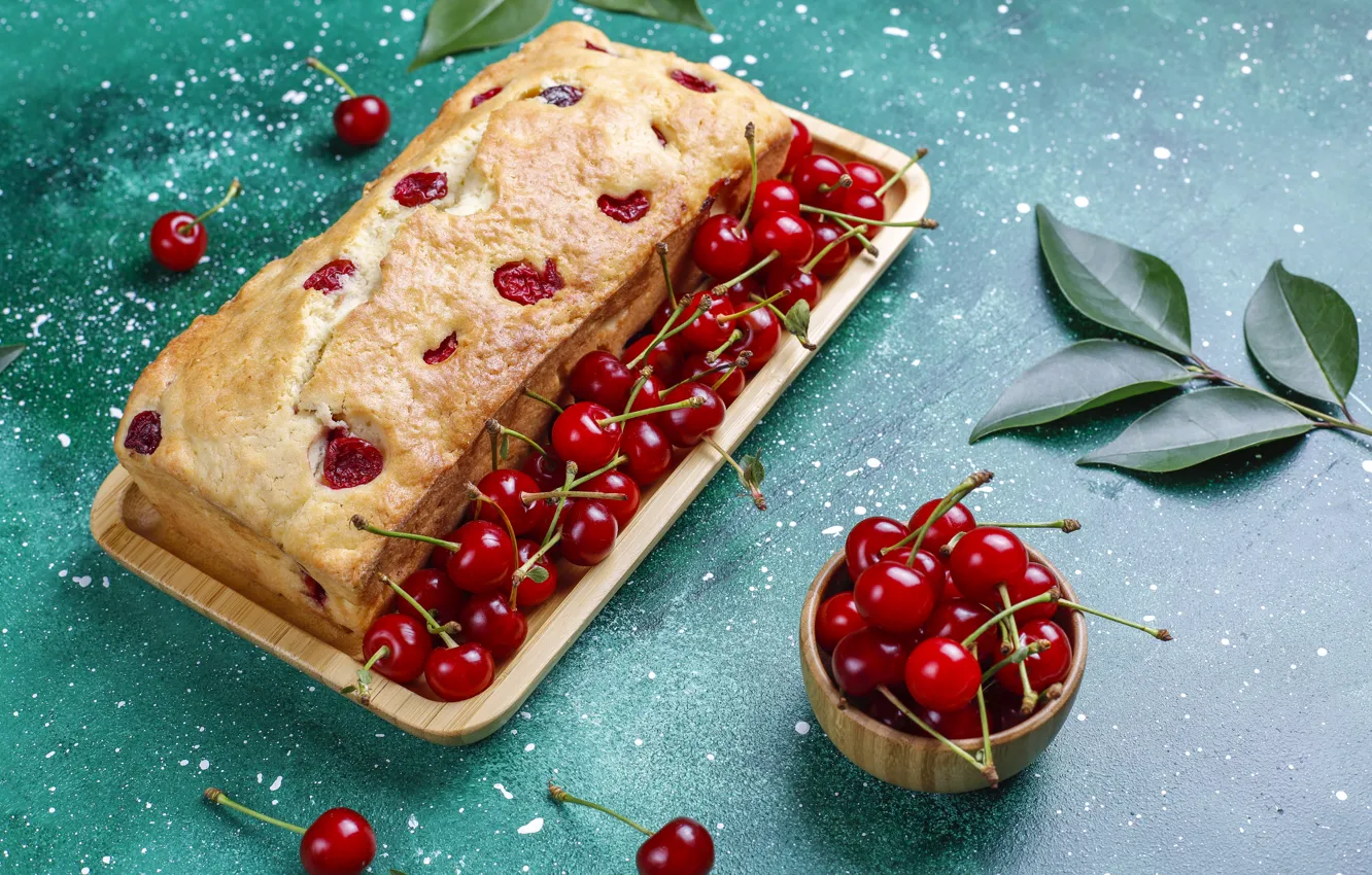 Photo wallpaper leaves, cherry, berries, pie, cherry, green background, cherry, cakes
