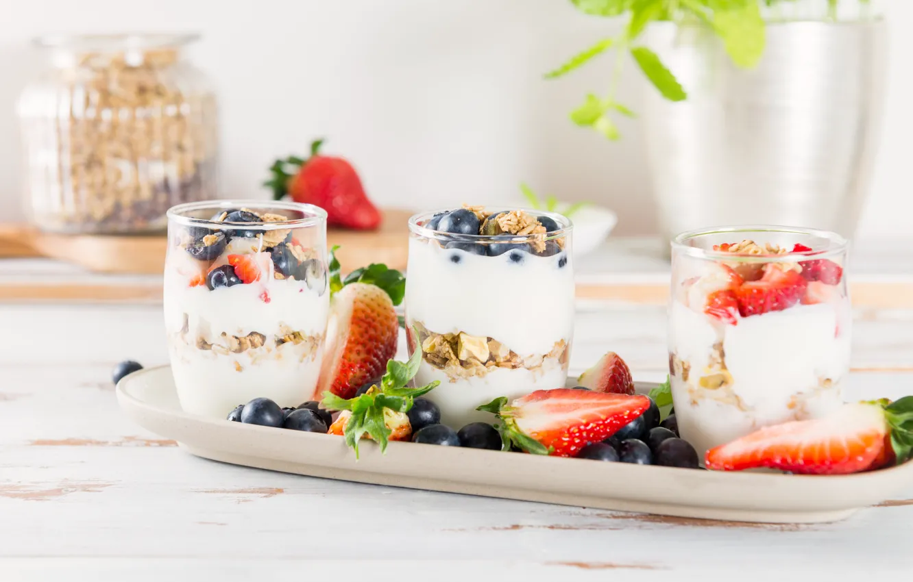Photo wallpaper berries, Breakfast, nuts, yogurt, oatmeal, granola