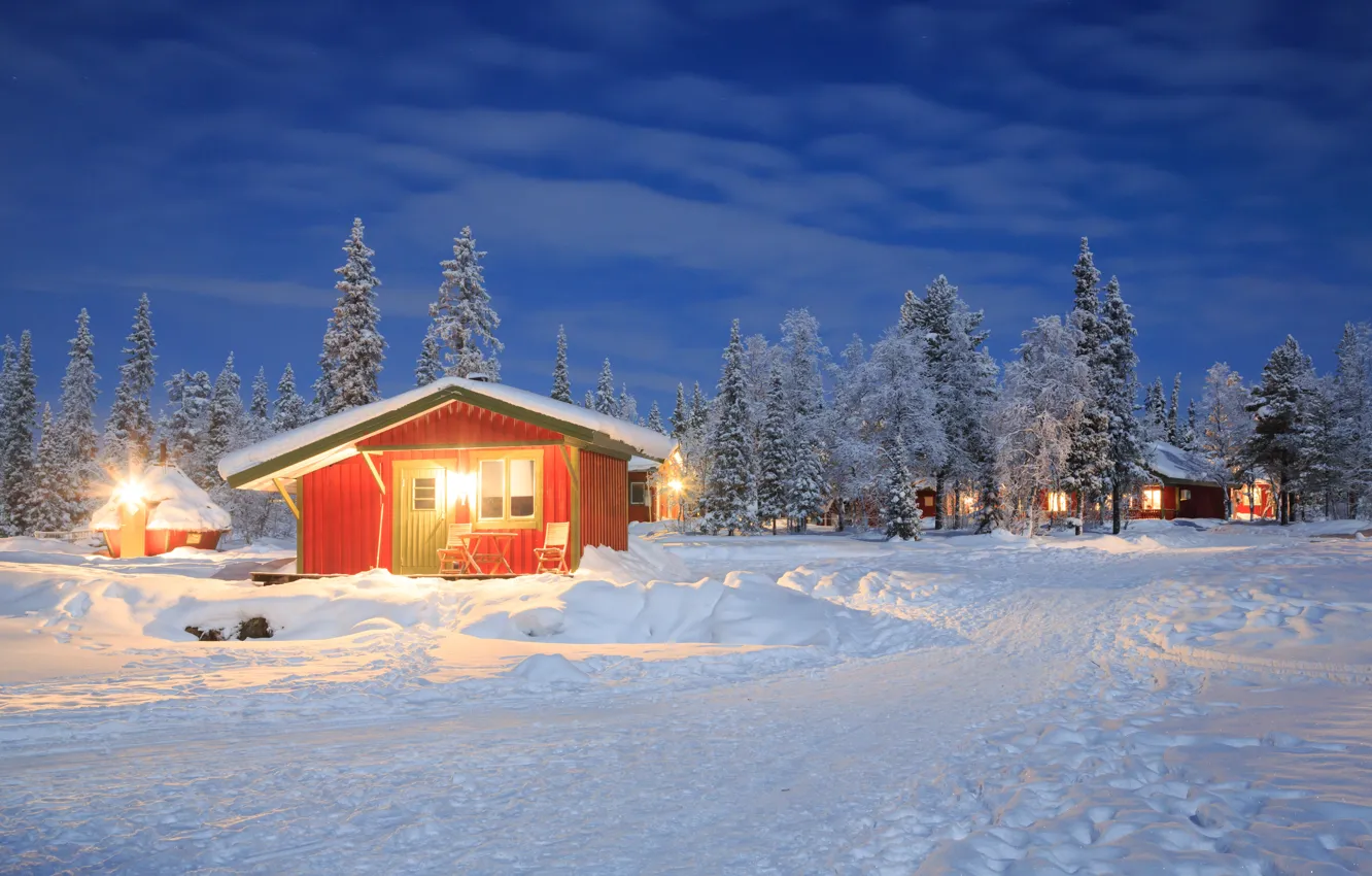 Photo wallpaper winter, snow, trees, landscape, nature, winter, house, house