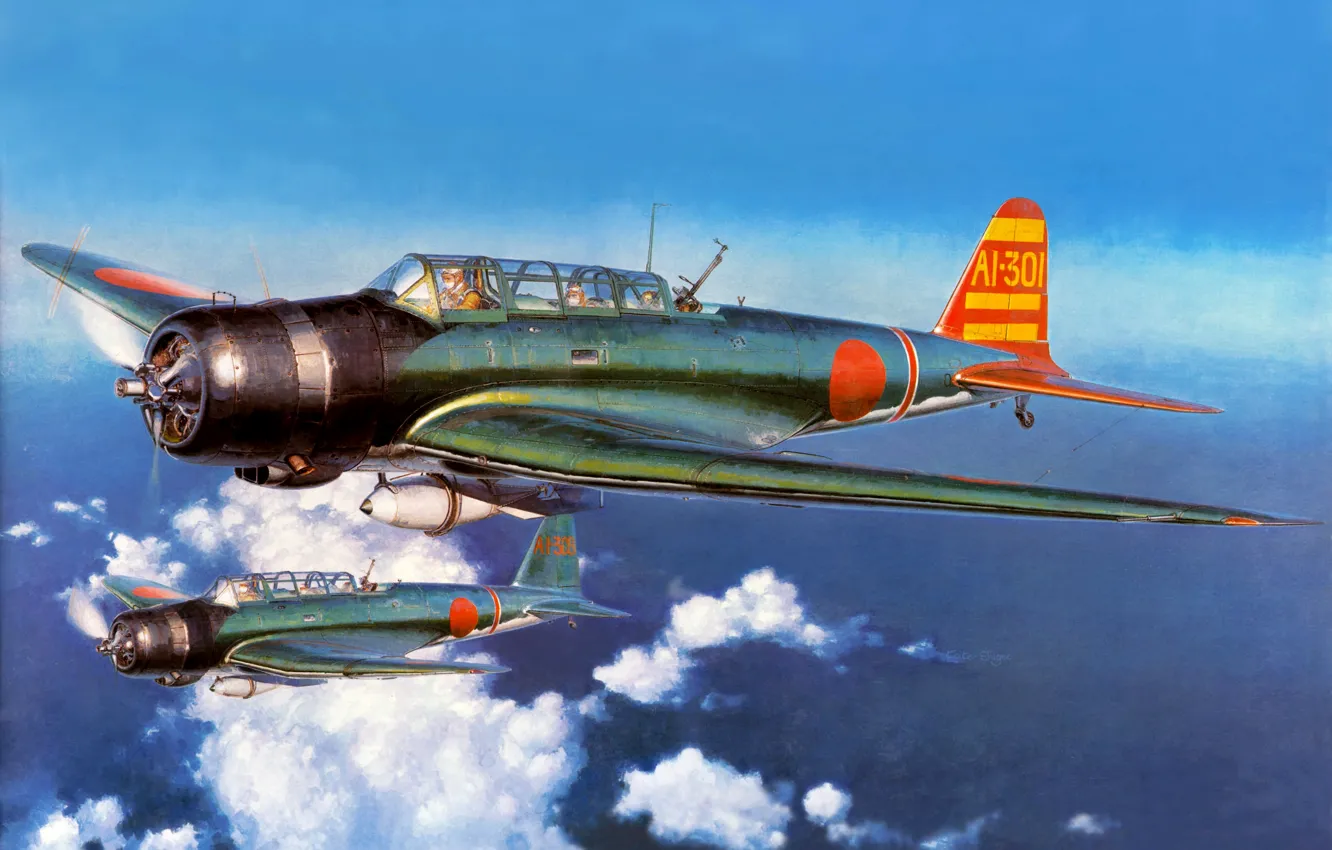 Photo wallpaper the sky, clouds, figure, art, aircraft, WW2, type 97, Nakajima B5N