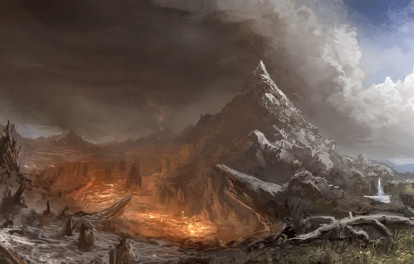 Photo wallpaper landscape, mountains, lights, fire, art, Zack Moores