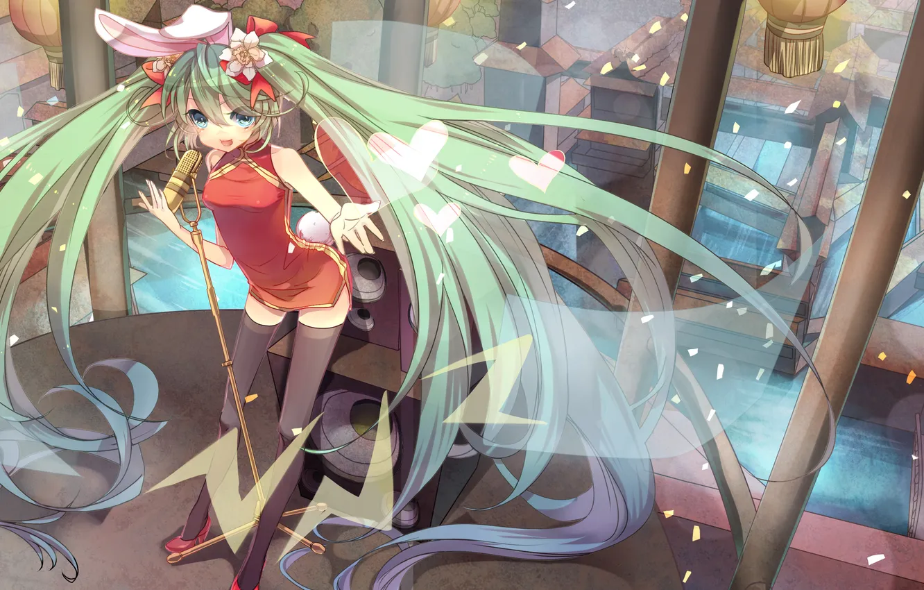 Photo wallpaper girl, art, speakers, hearts, microphone, ears, vocaloid, hatsune miku