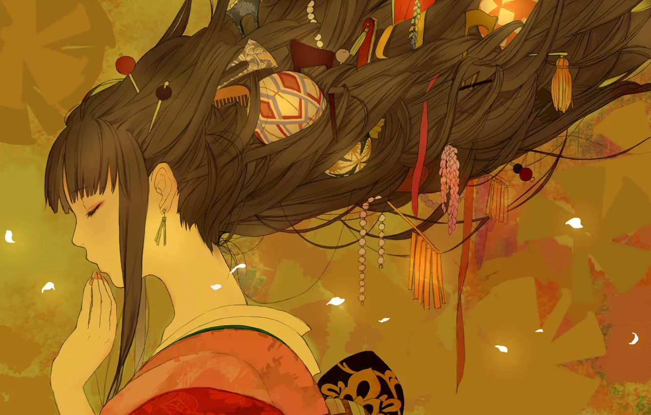 Photo wallpaper girl, flowers, balls, anime, petals, art, beads, kimono