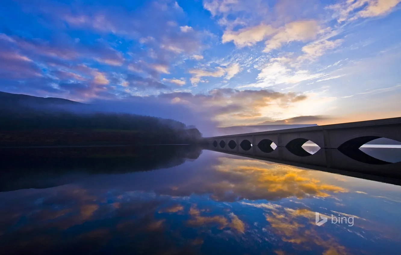 Photo wallpaper the sky, clouds, trees, sunset, bridge, fog, reflection, Derbyshire