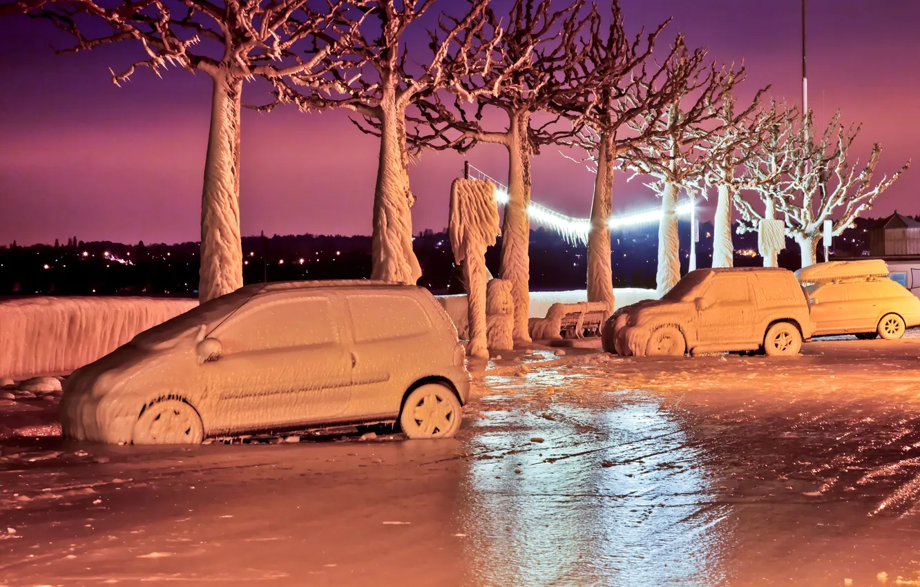 Photo wallpaper ice, winter, trees, the city, street, car, bench, glaciation