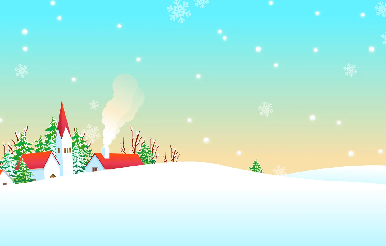 Photo wallpaper snow, trees, snowflakes, hills, village