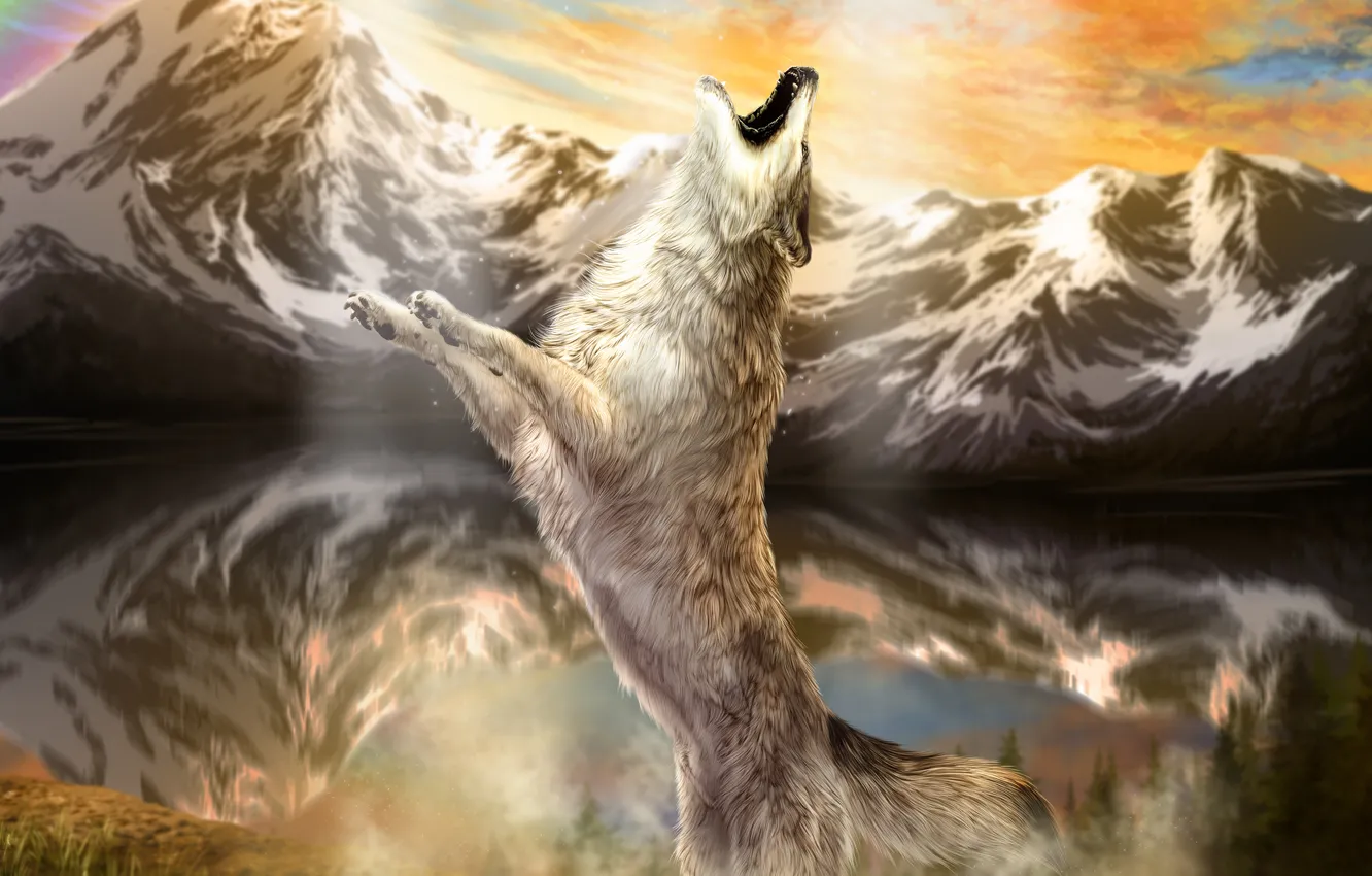 Photo wallpaper rays, snow, sunset, mountains, lake, Wolf, howl