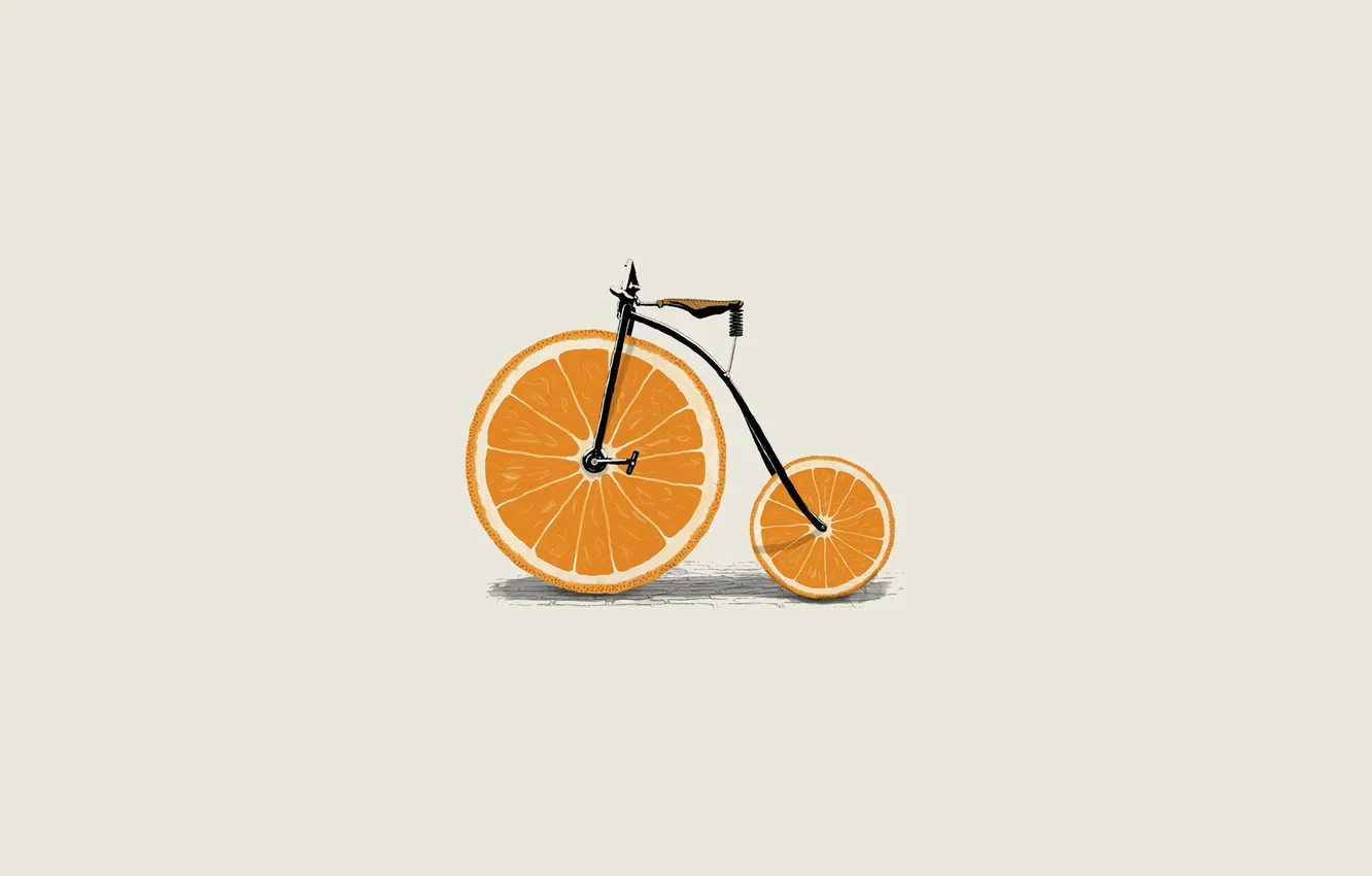 Photo wallpaper bike, minimalism, white background, fruit, bicycle, illustration, orange wedges