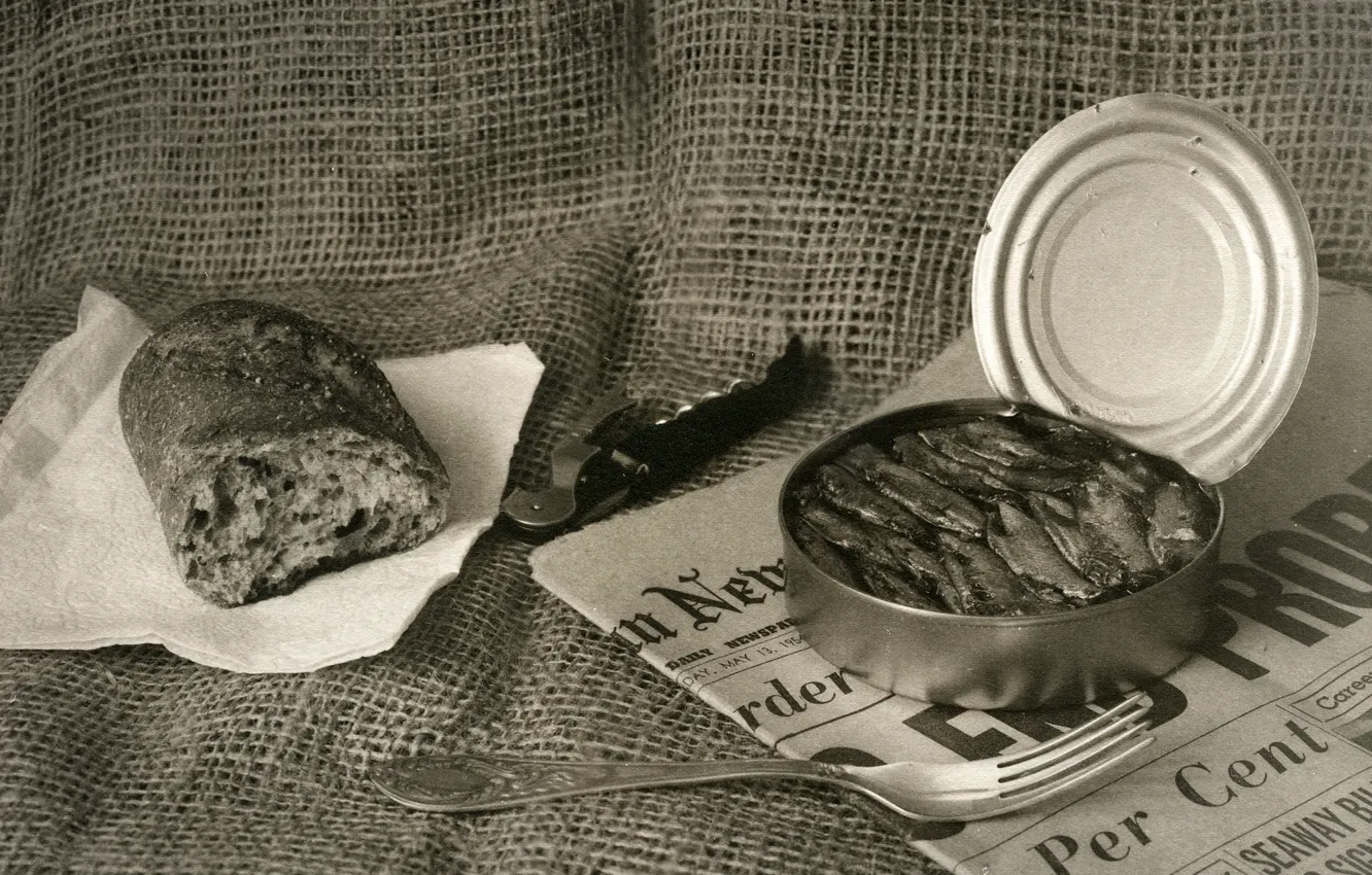 Photo wallpaper bread, newspaper, plug, canned, sprats