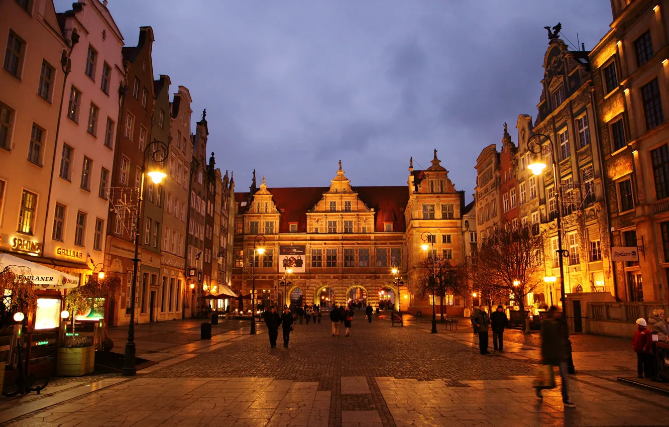 Photo wallpaper night, lights, street, home, Poland, Gdansk