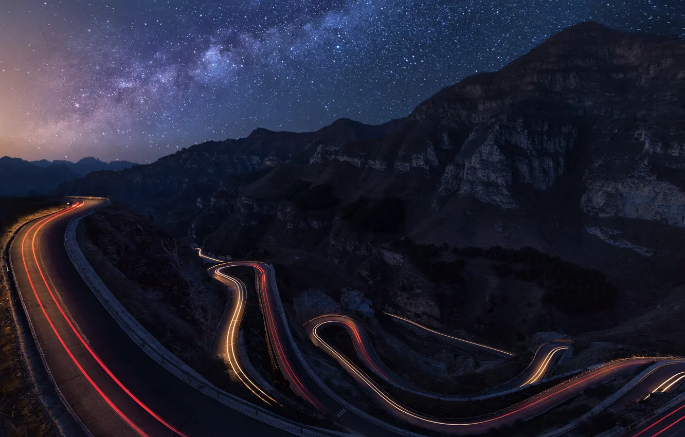 Photo wallpaper road, the sky, stars, light, mountains, night, excerpt