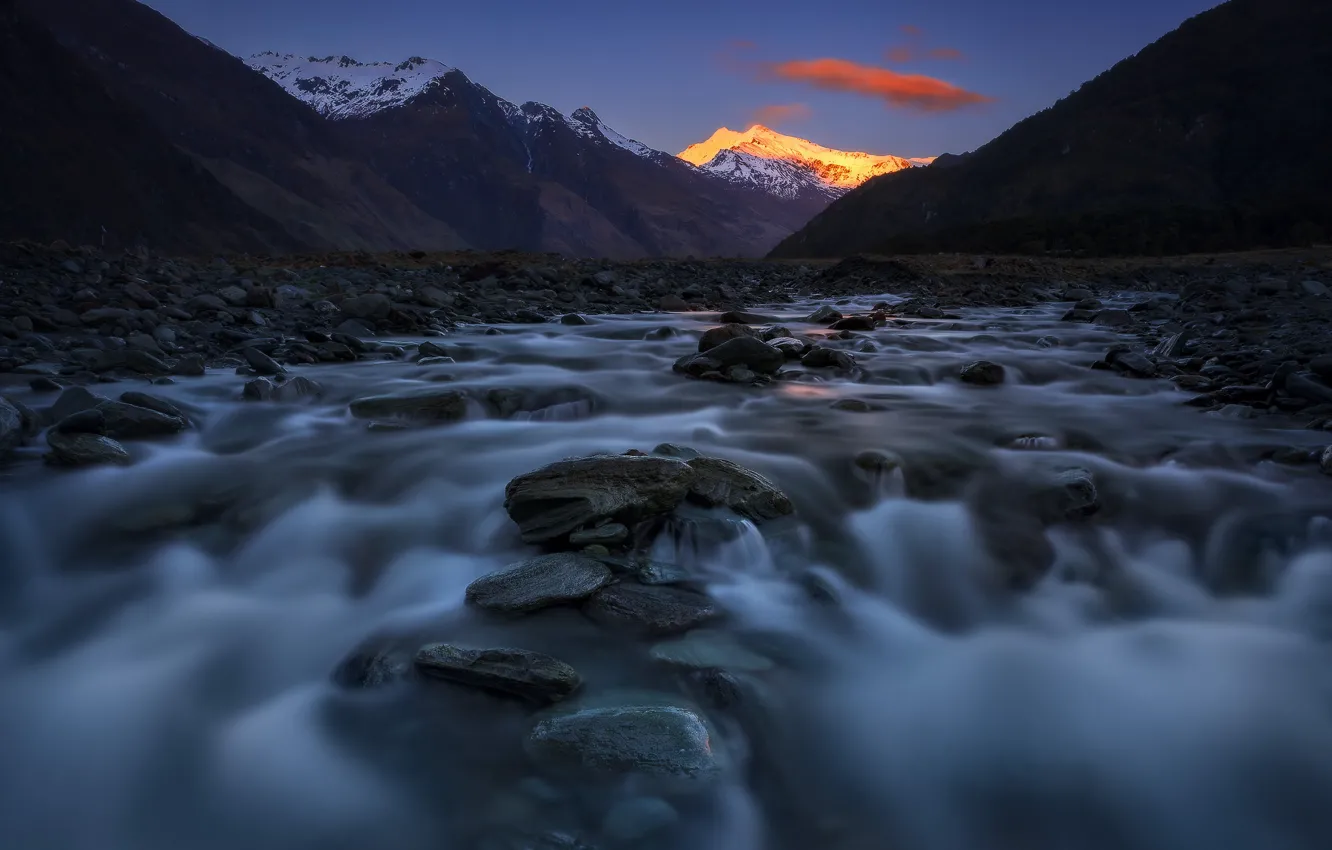 Photo wallpaper mountains, river, stones, shore, for, stream, twilight