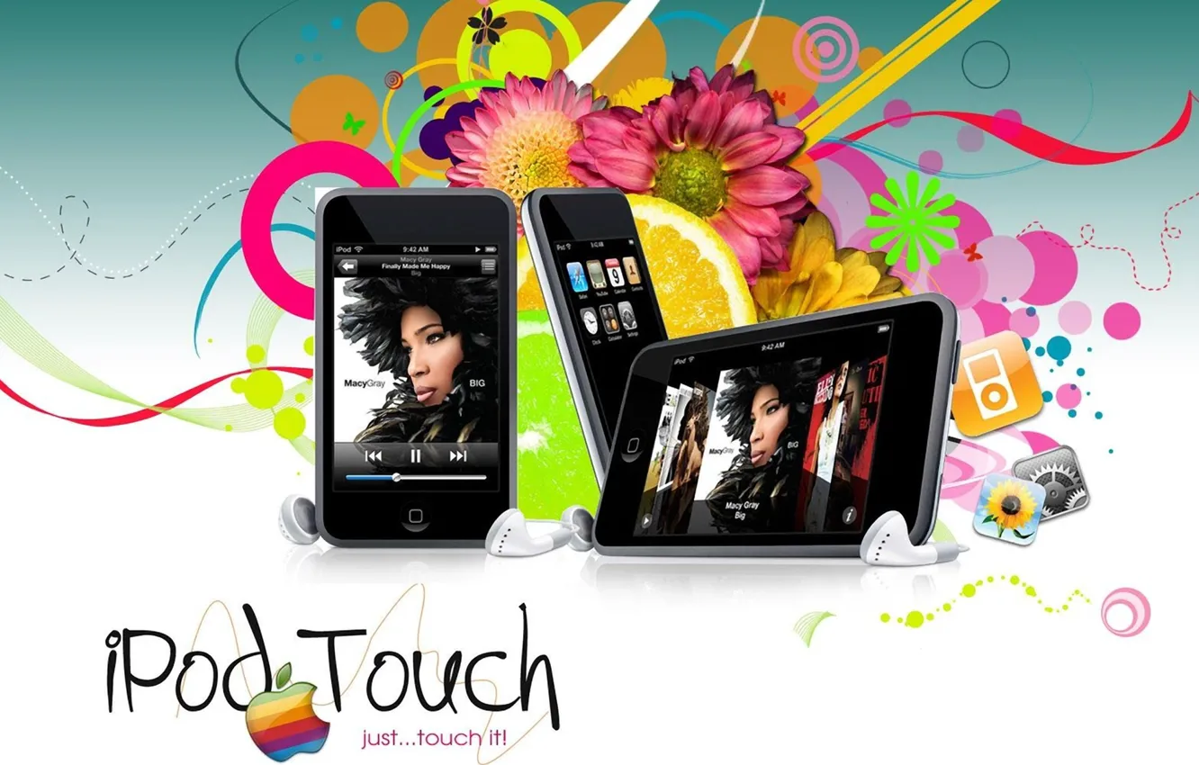 Photo wallpaper flowers, apple, headphones, art, Hi-Tech, mobile, iPod Touch