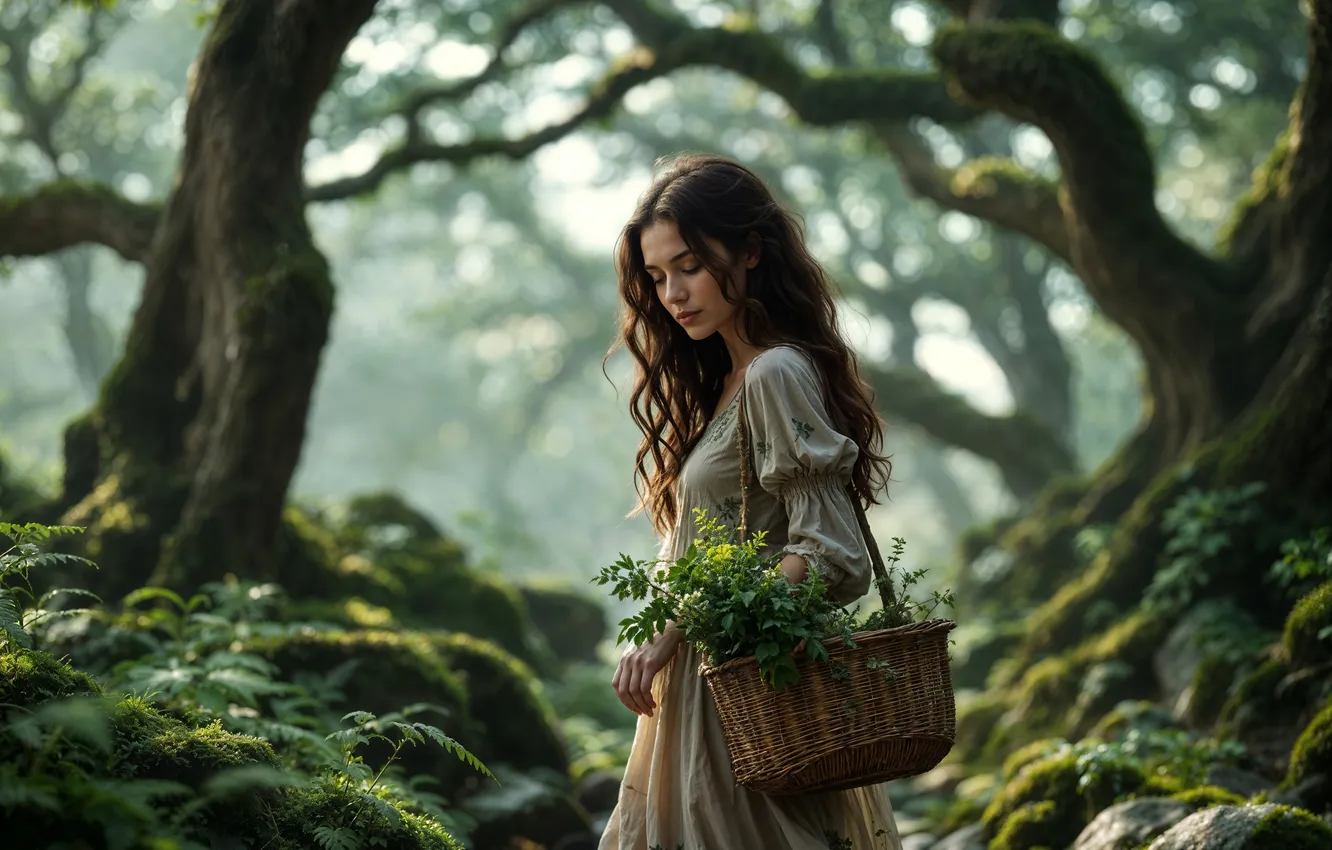 Photo wallpaper greens, forest, grass, girl, light, trees, branches, nature