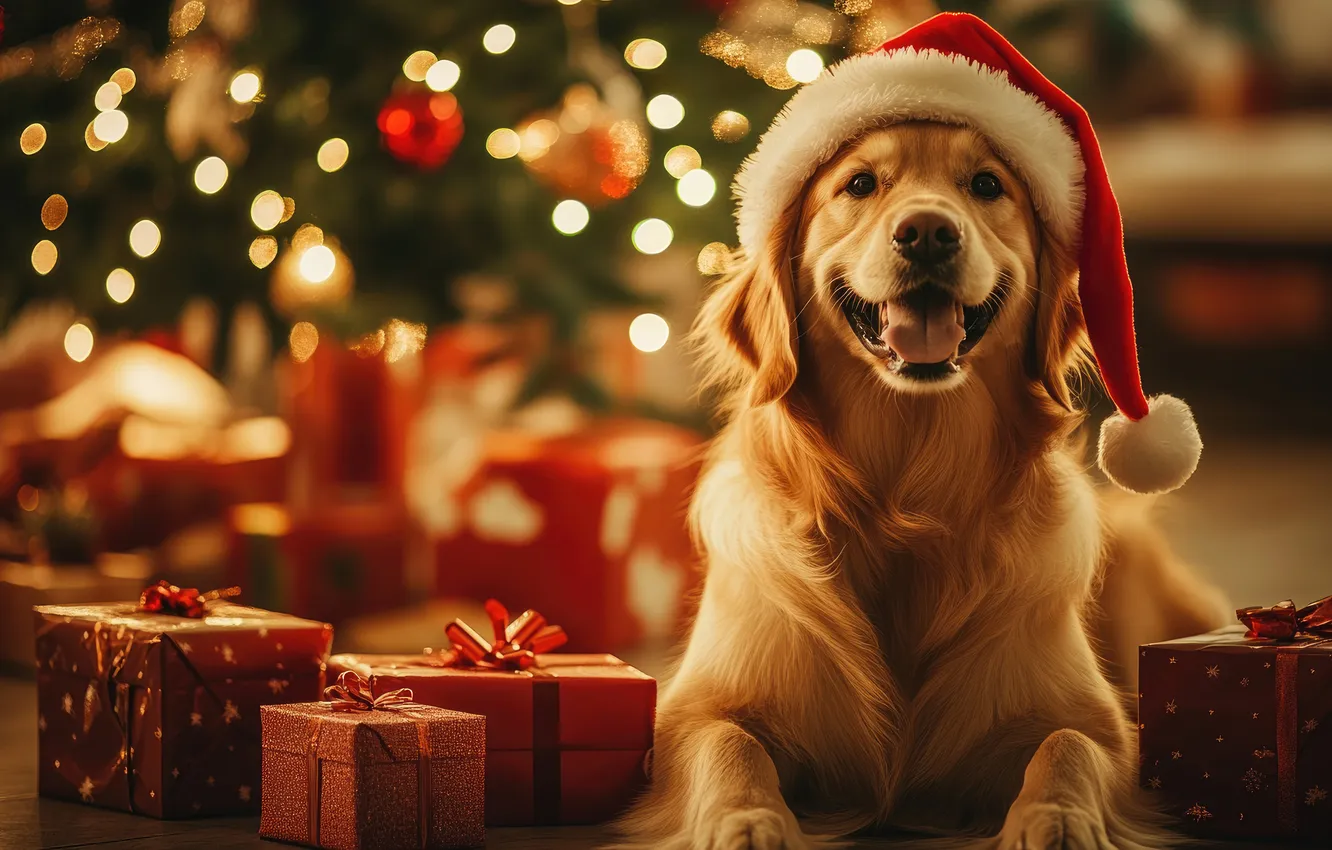 Photo wallpaper new year, dog, Christmas, Retriever, Christmas tree, the Santa hat, AI art, neural network