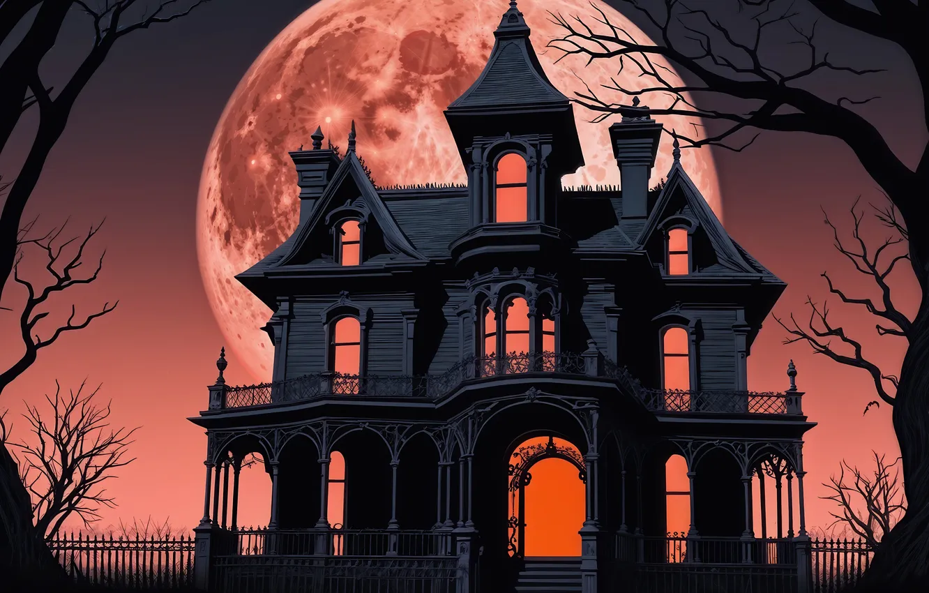 Photo wallpaper trees, castle, the moon, Halloween