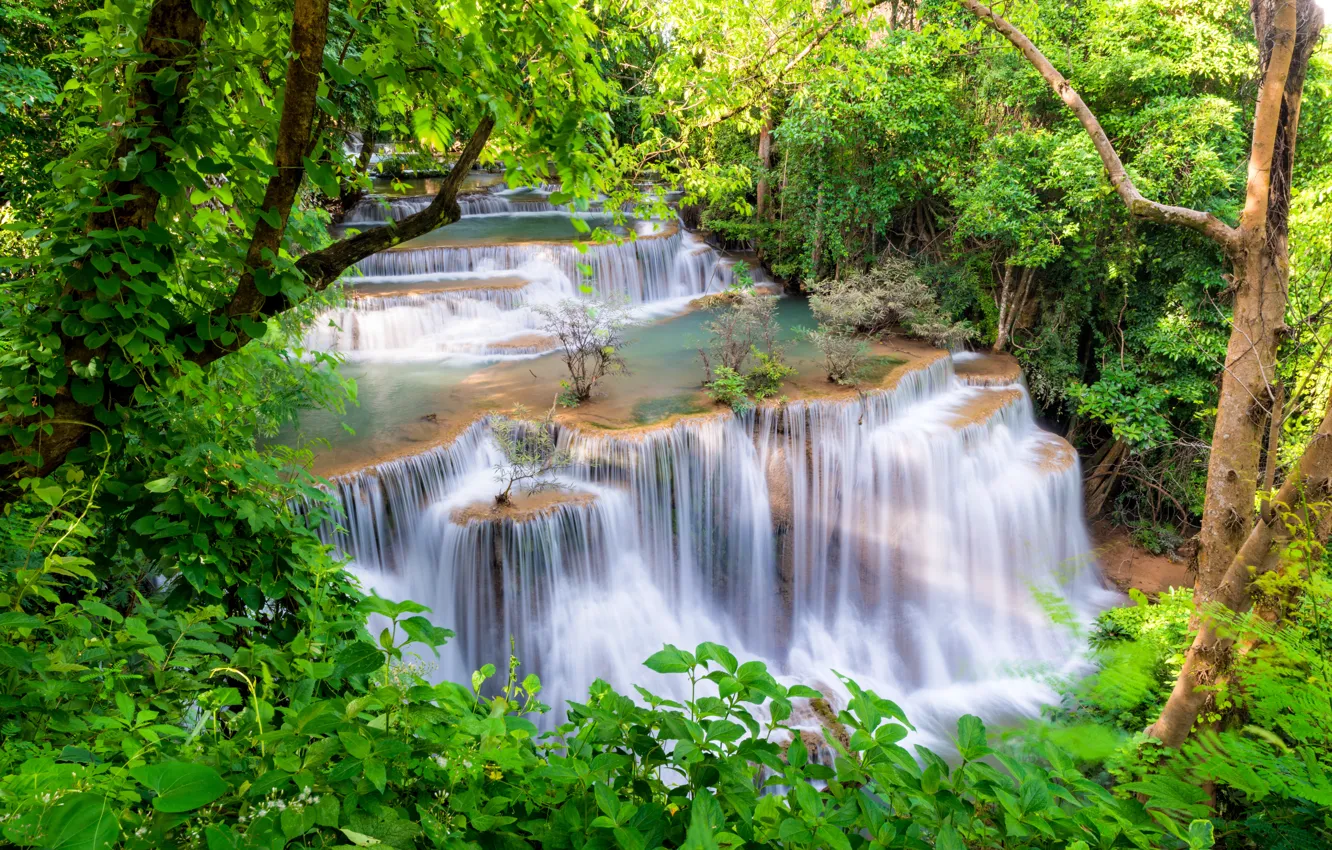 Photo wallpaper forest, landscape, river, rocks, waterfall, Thailand, summer, forest