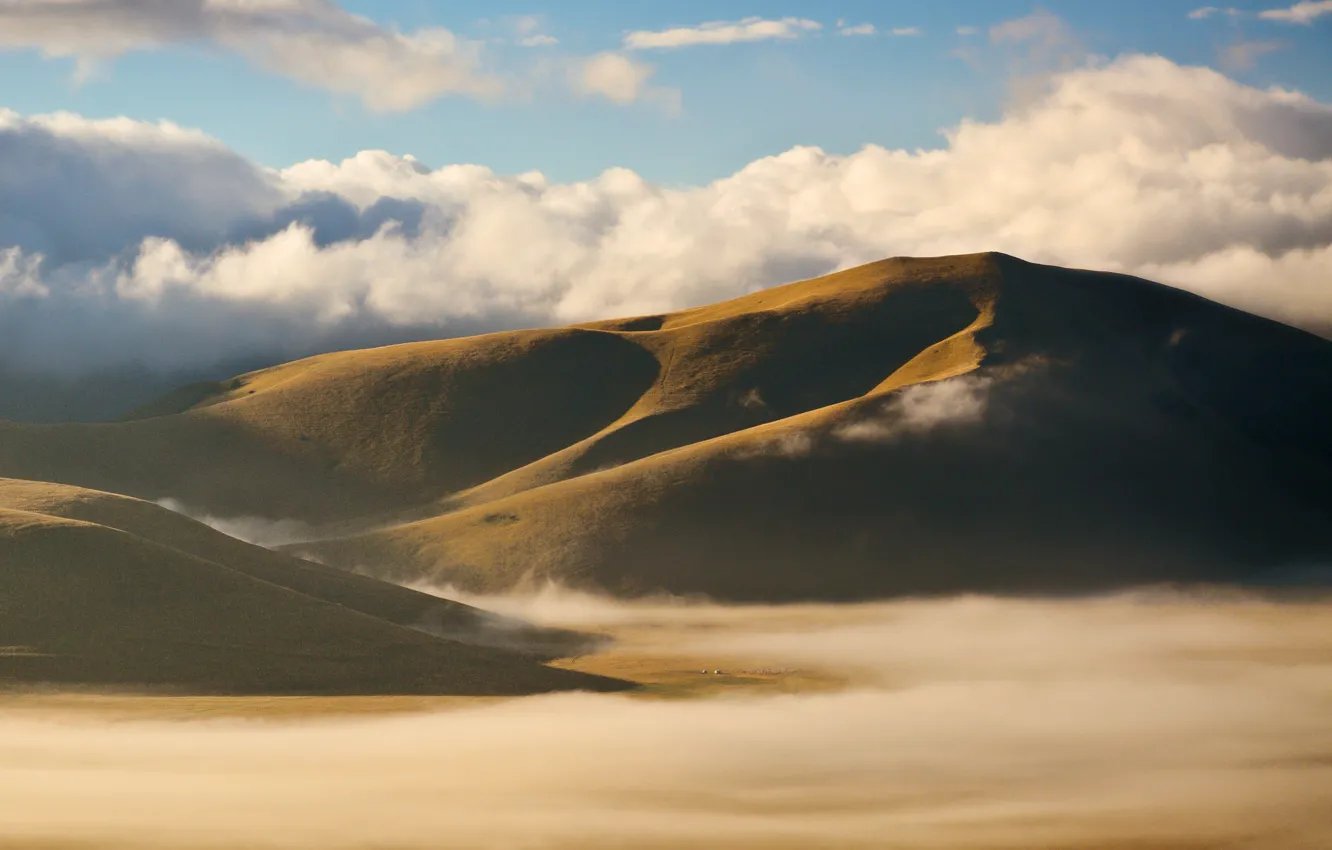 Photo wallpaper Clouds, Italy, Mountains, Fog, Castelluccio di Norcia