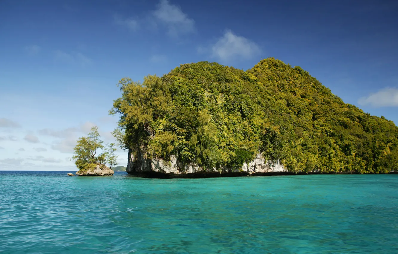 Photo wallpaper sea, the sky, water, trees, rocks, island